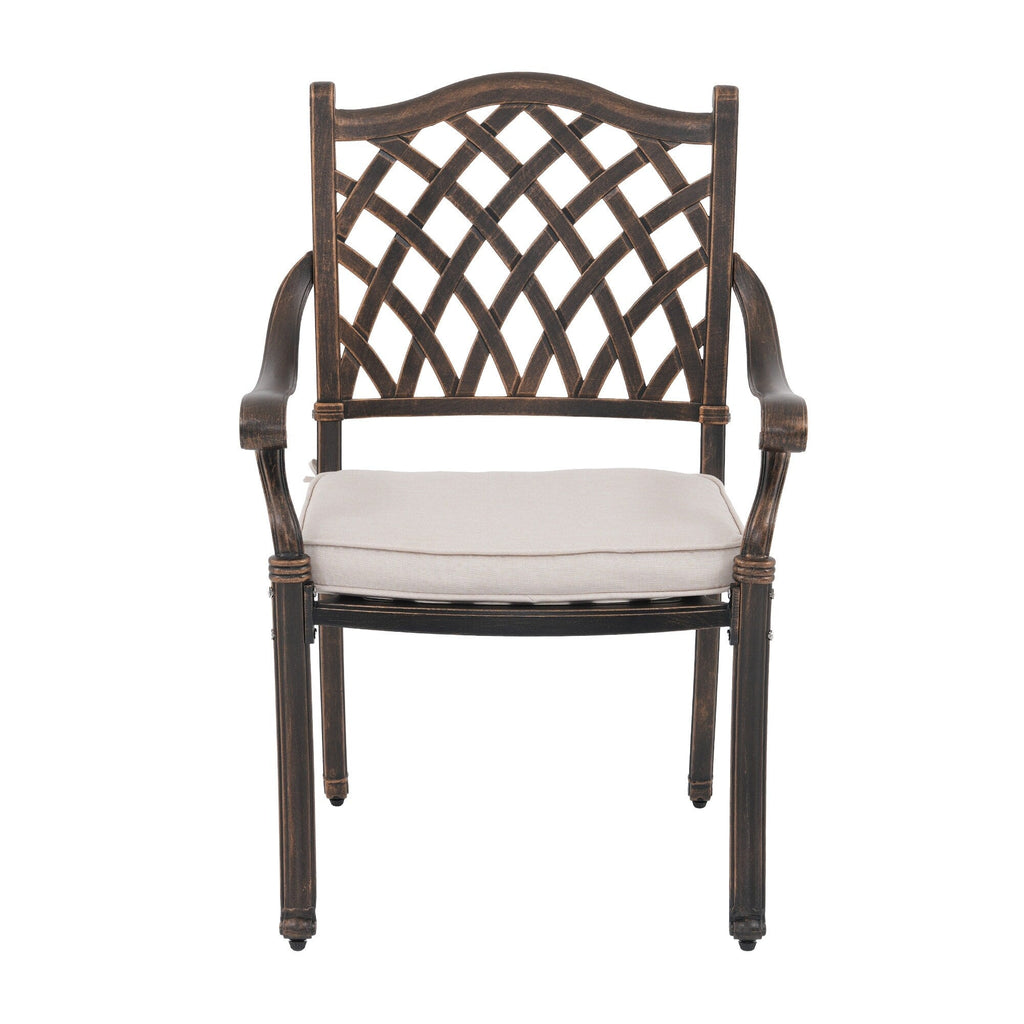 Ensemble de salle à manger d'extérieur en aluminium moulé sous pression, 7 pièces, couleur bronze antique, avec coussins et trou pour parasol