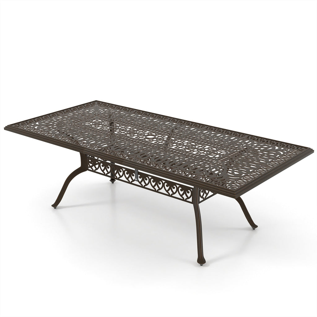 Ensemble de salle à manger d'extérieur en aluminium moulé sous pression, 7 pièces, couleur bronze antique, avec coussins et trou pour parasol