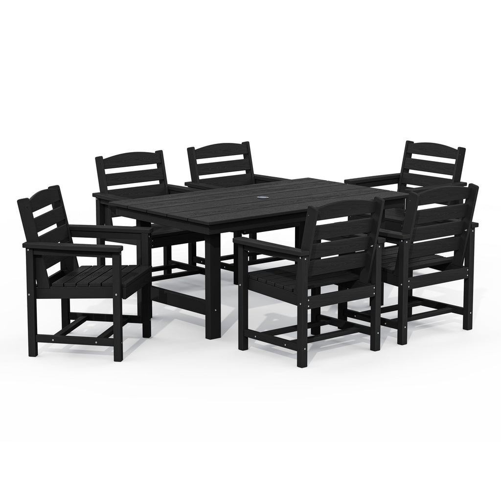 Ensemble de table à manger d'extérieur 7 pièces en PEHD avec trou pour parasol - 1 table, 6 chaises