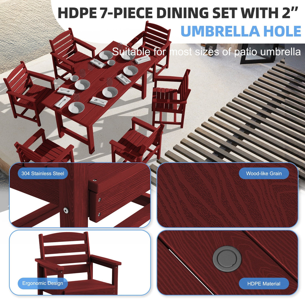 Ensemble de table à manger d'extérieur 7 pièces en PEHD avec trou pour parasol - 1 table, 6 chaises