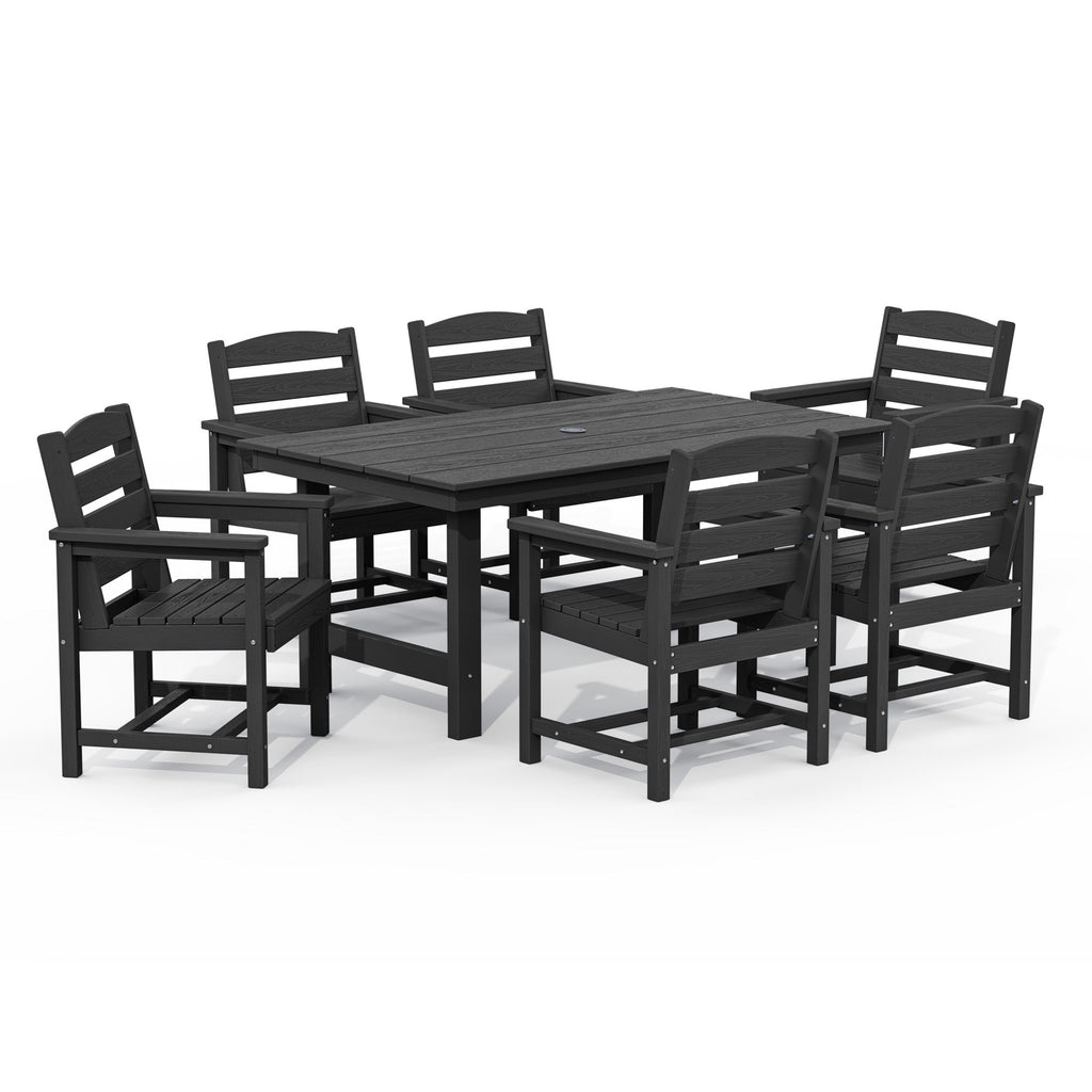 Ensemble de table à manger d'extérieur 7 pièces en PEHD avec trou pour parasol - 1 table, 6 chaises