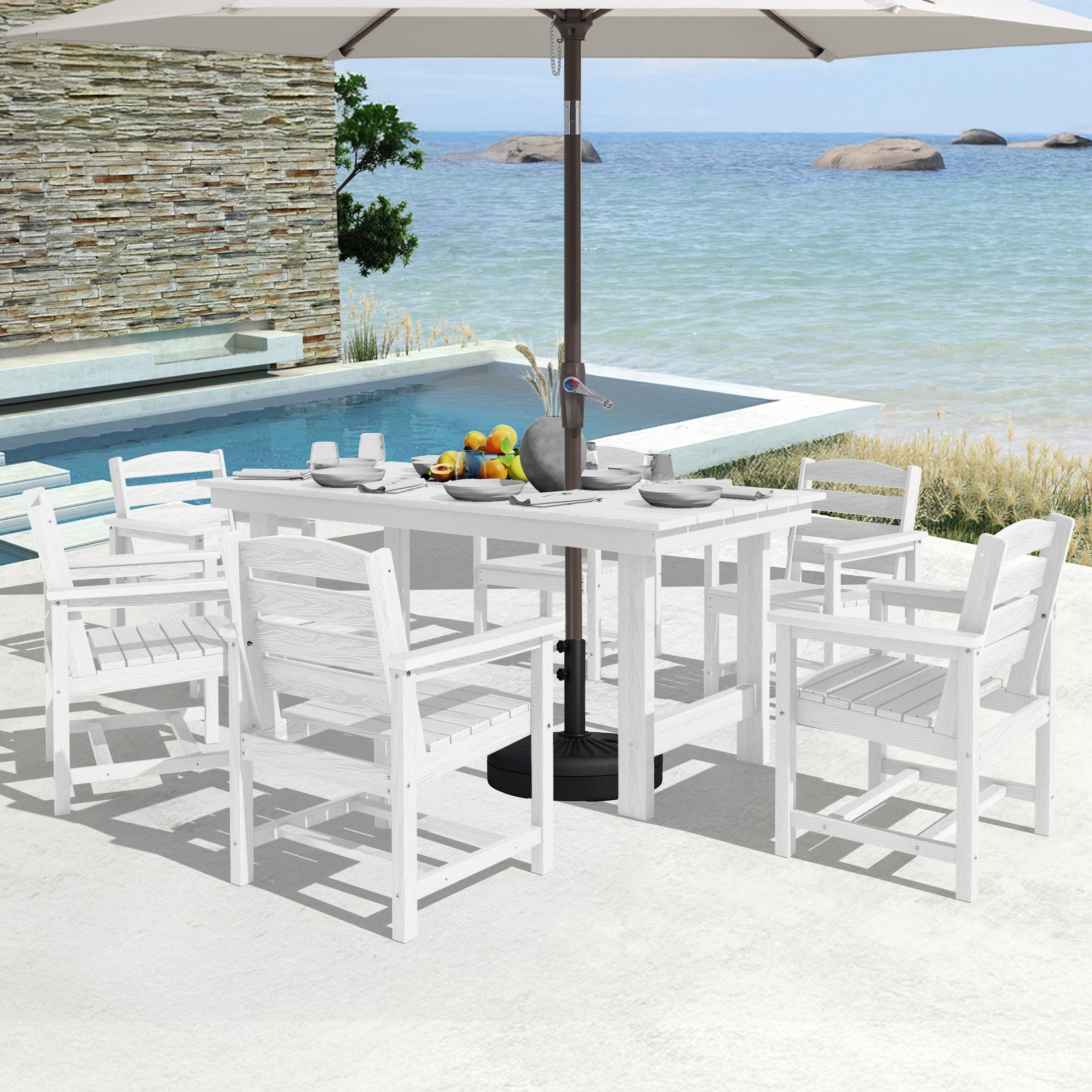 Ensemble de table à manger d'extérieur 7 pièces en PEHD avec trou pour parasol - 1 table, 6 chaises