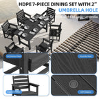 Ensemble de table à manger d'extérieur 7 pièces en PEHD avec trou pour parasol - 1 table, 6 chaises