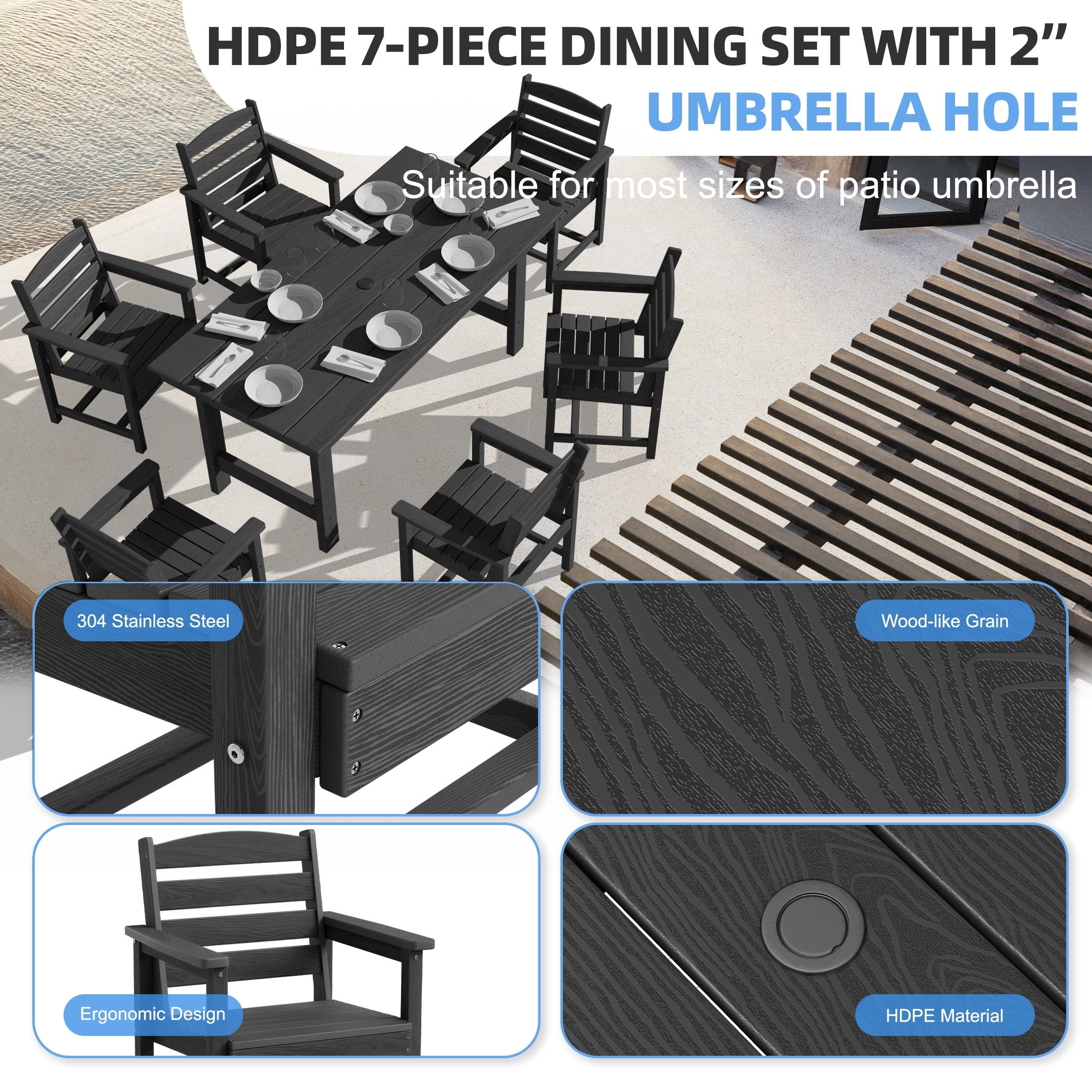 Ensemble de table à manger d'extérieur 7 pièces en PEHD avec trou pour parasol - 1 table, 6 chaises