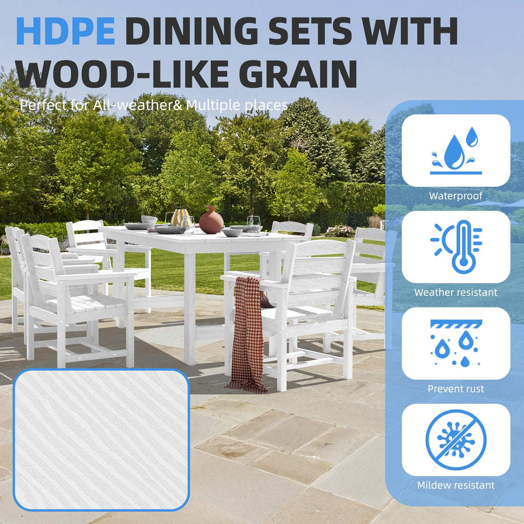 Ensemble de table à manger d'extérieur 7 pièces en PEHD avec trou pour parasol - 1 table, 6 chaises