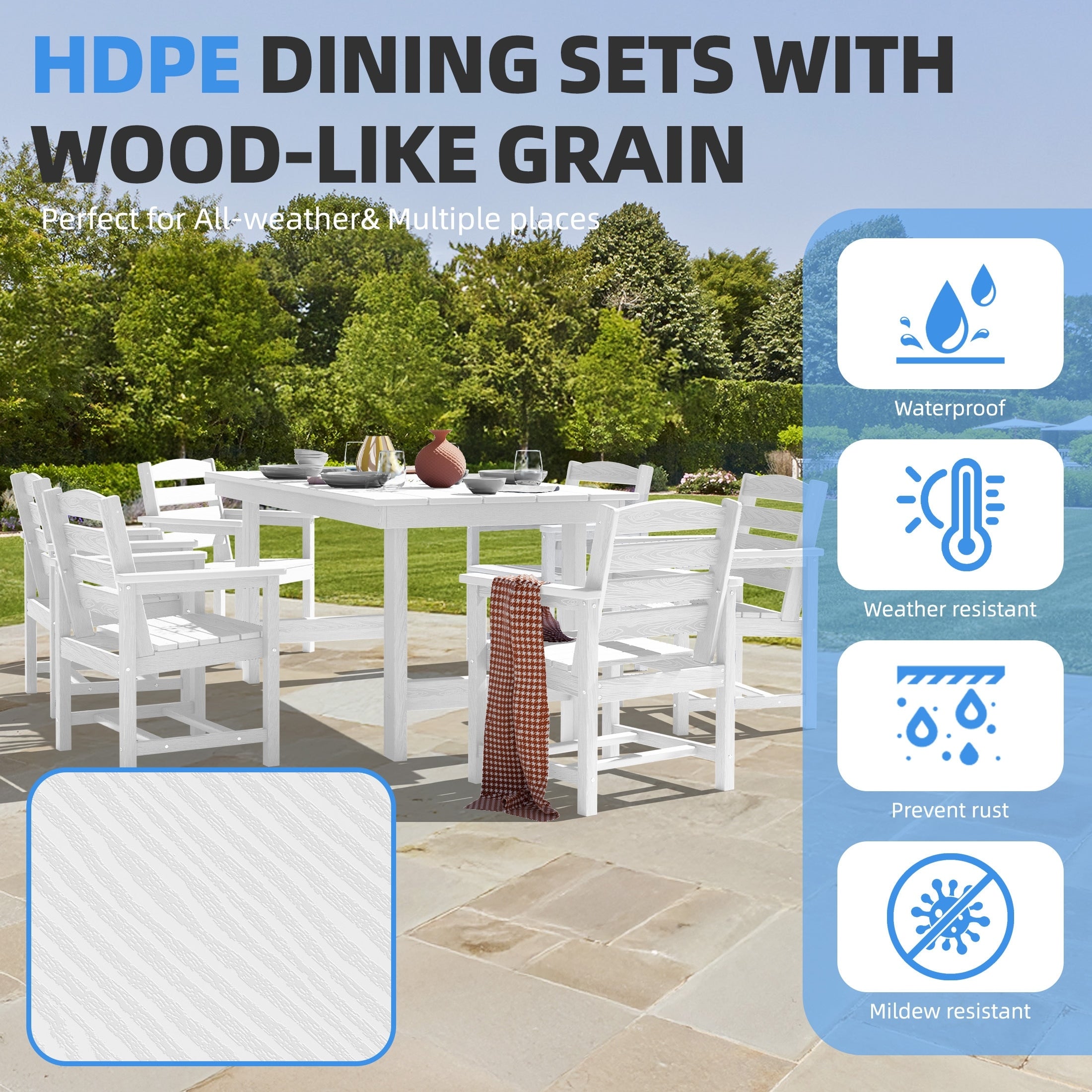 Ensemble de table à manger d'extérieur 7 pièces en PEHD avec trou pour parasol - 1 table, 6 chaises