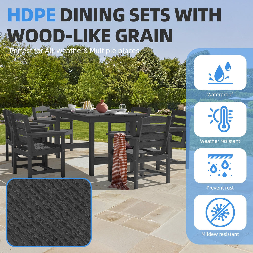 Ensemble de table à manger d'extérieur 7 pièces en PEHD avec trou pour parasol - 1 table, 6 chaises