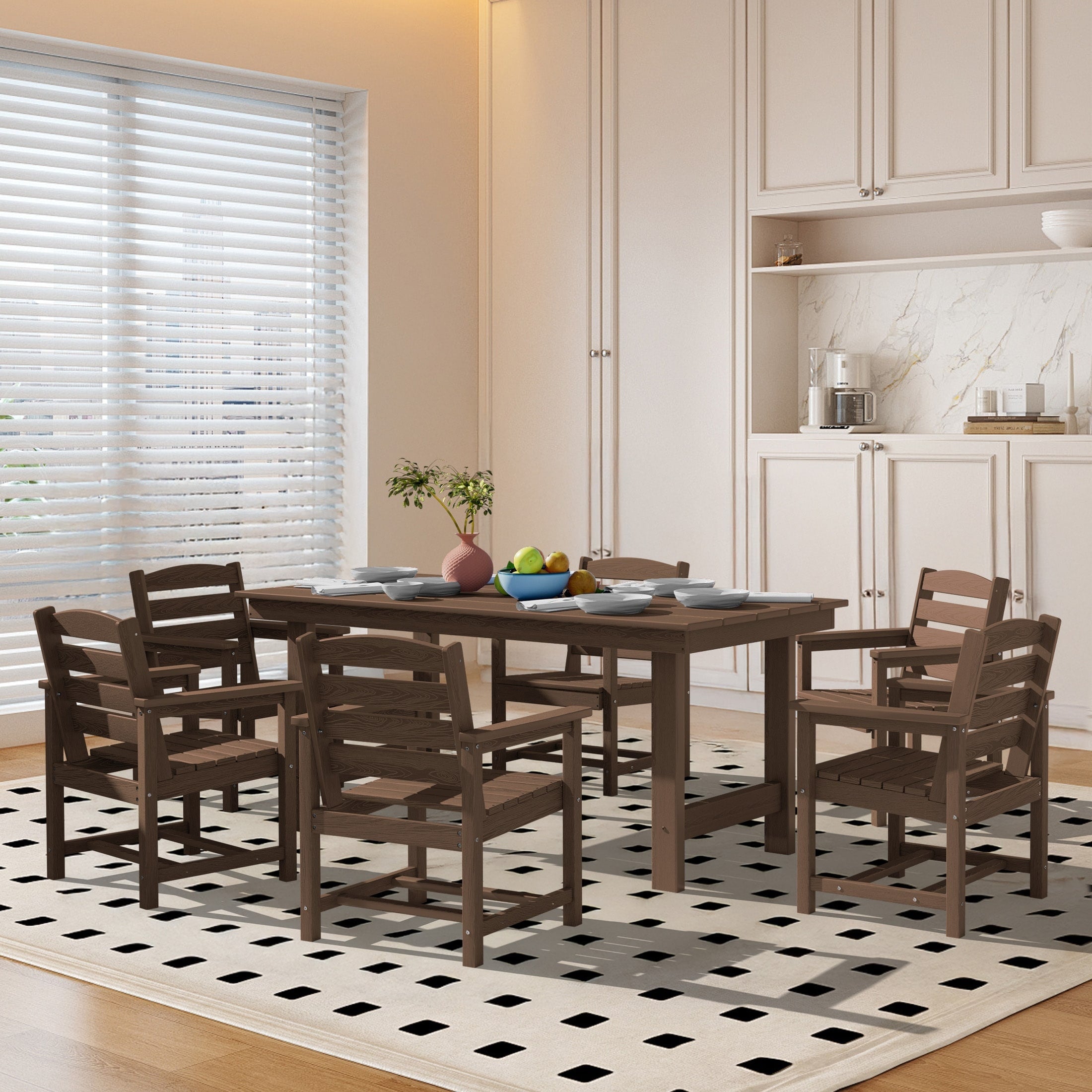 Ensemble de table à manger d'extérieur 7 pièces en PEHD avec trou pour parasol - 1 table, 6 chaises