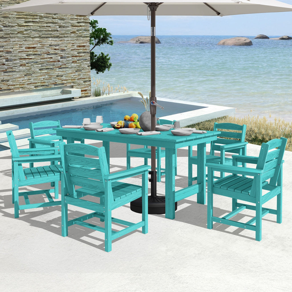 Ensemble de table à manger d'extérieur 7 pièces en PEHD avec trou pour parasol - 1 table, 6 chaises