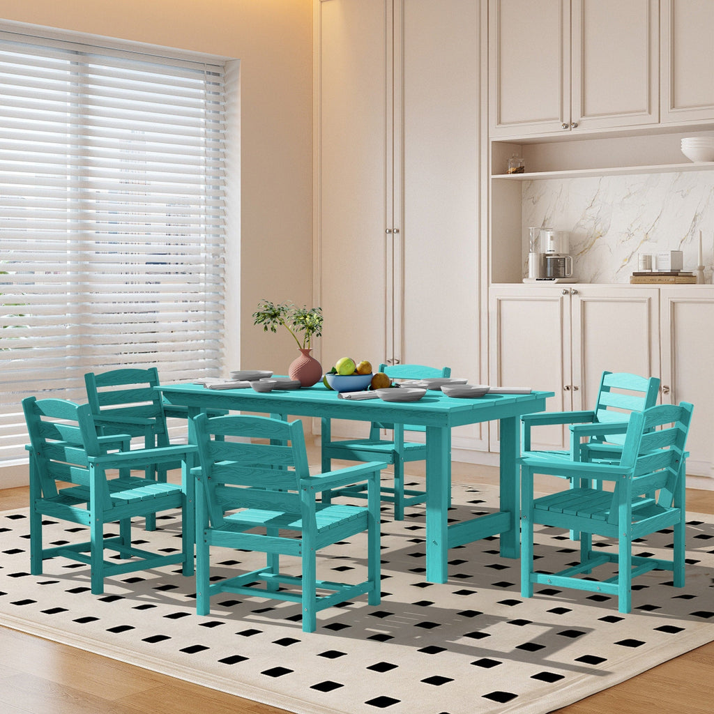 Ensemble de table à manger d'extérieur 7 pièces en PEHD avec trou pour parasol - 1 table, 6 chaises