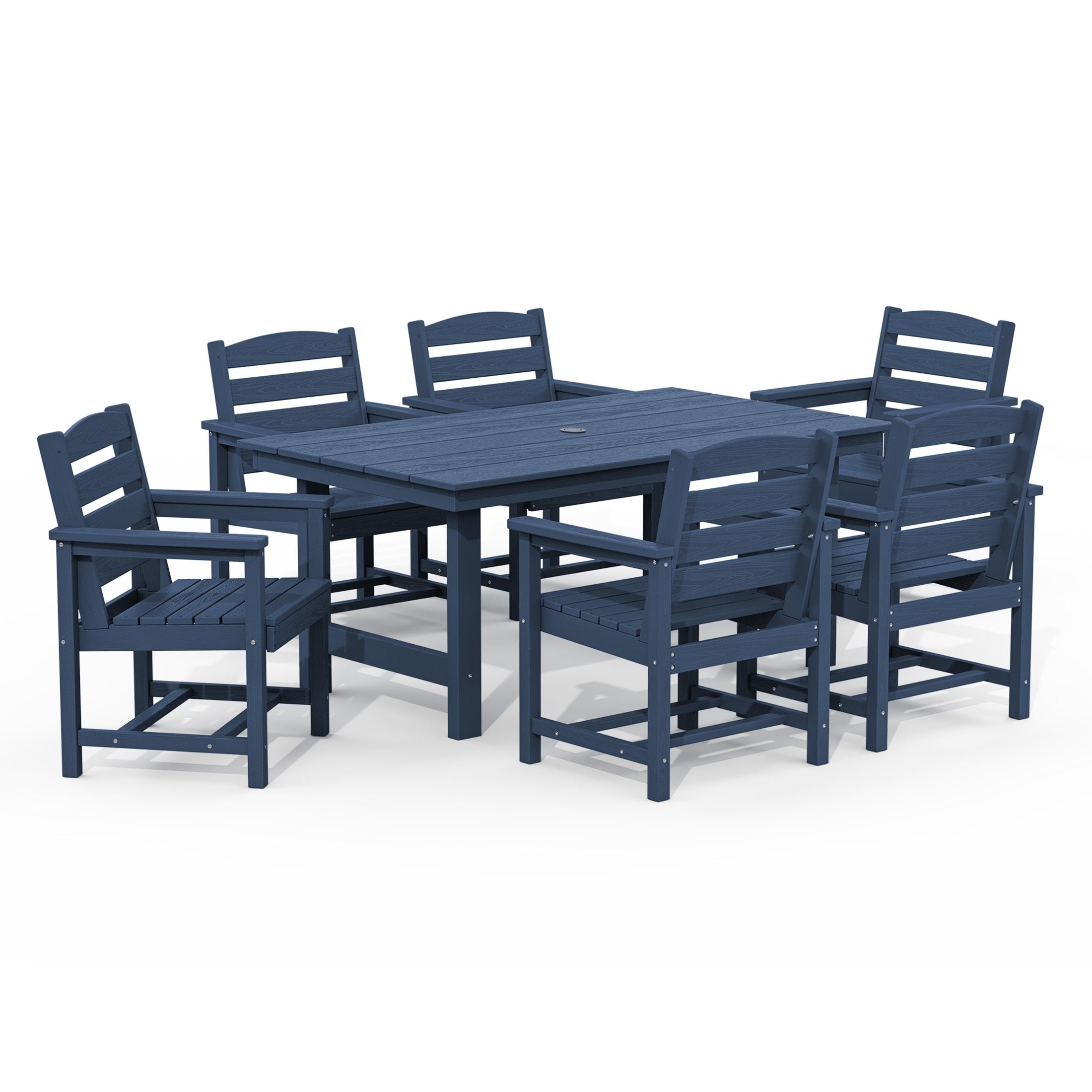 Ensemble de table à manger d'extérieur 7 pièces en PEHD avec trou pour parasol - 1 table, 6 chaises