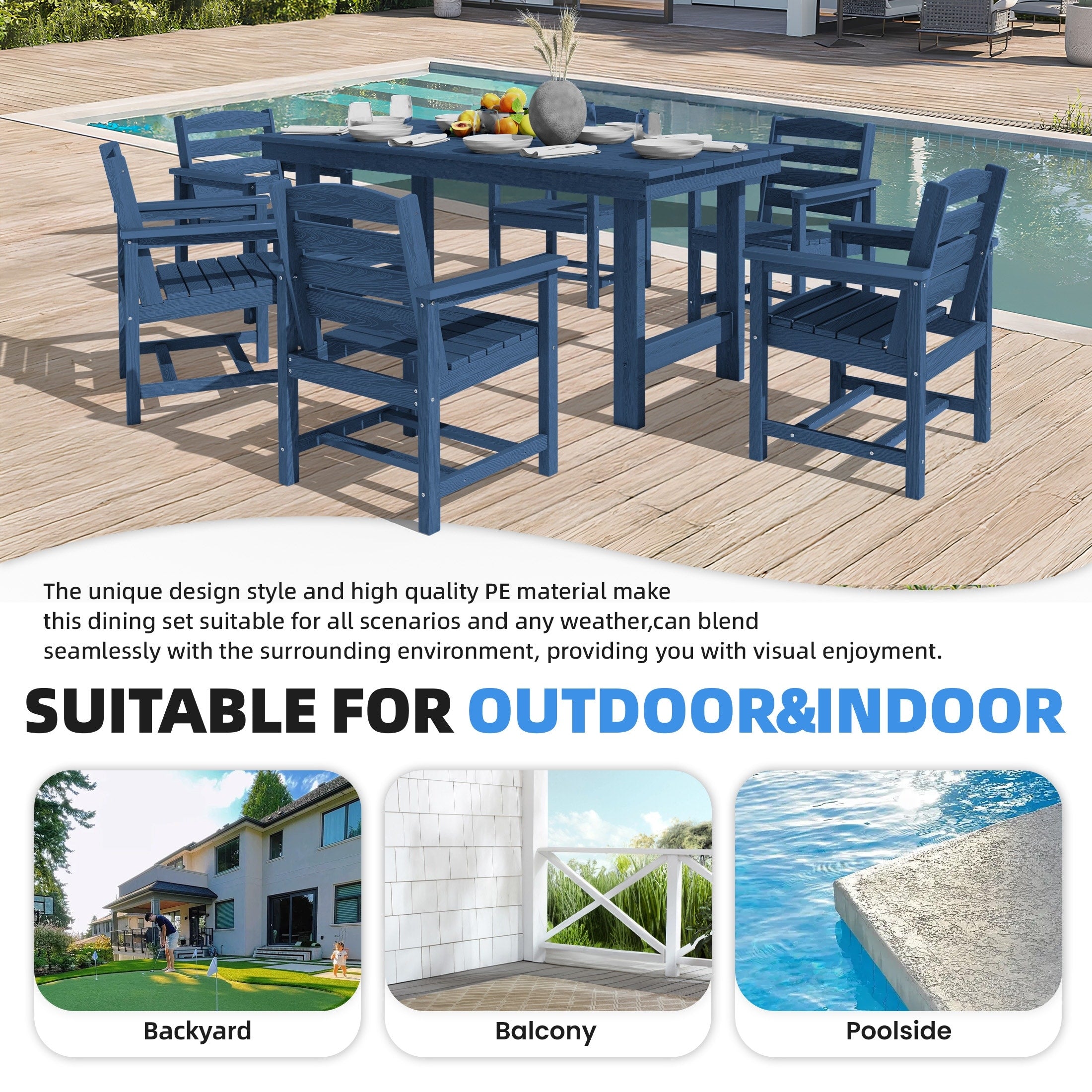 Ensemble de table à manger d'extérieur 7 pièces en PEHD avec trou pour parasol - 1 table, 6 chaises