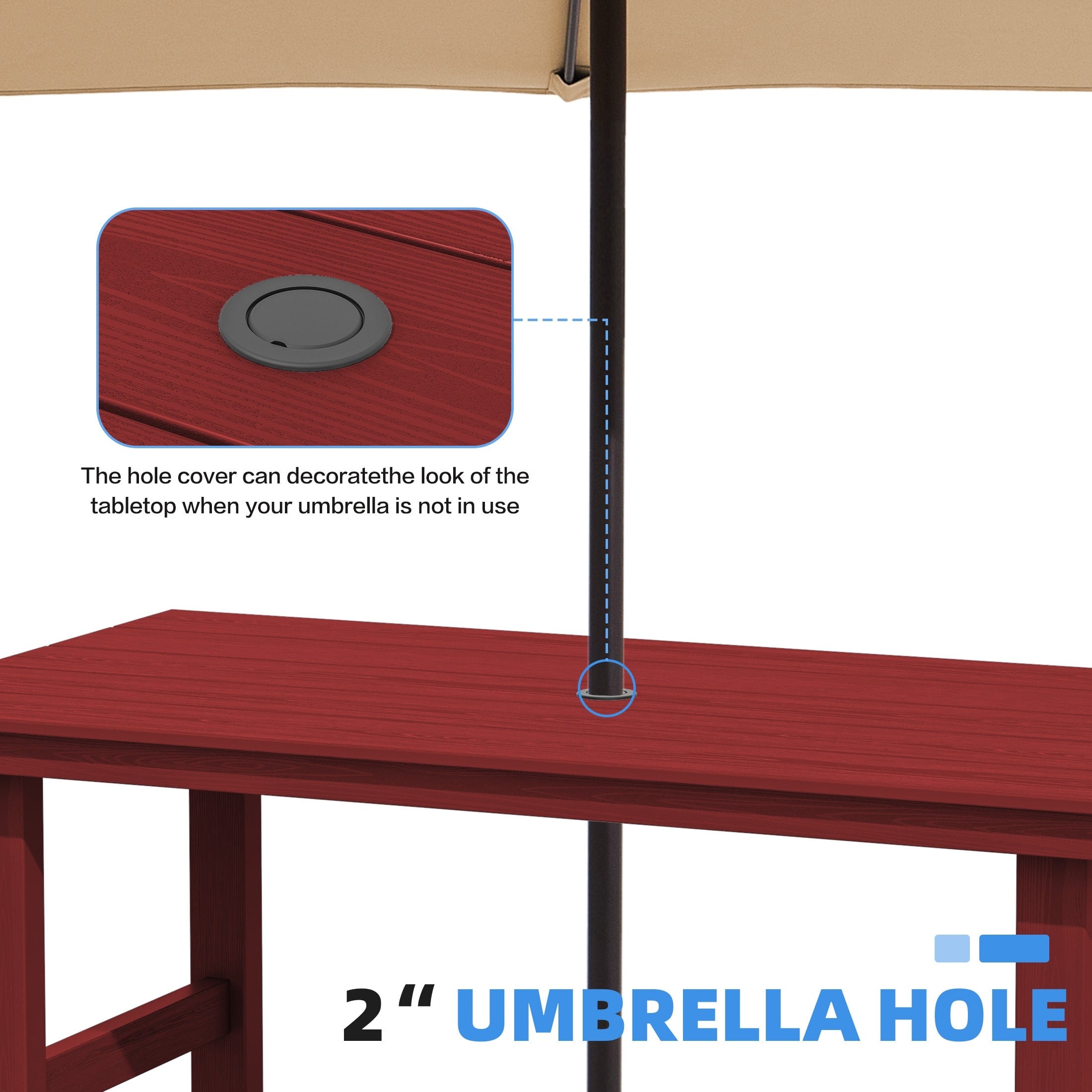 Ensemble de table à manger d'extérieur 7 pièces en PEHD avec trou pour parasol - 1 table, 6 chaises