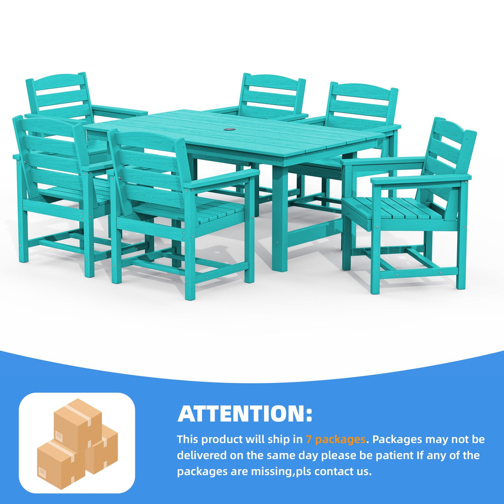 Ensemble de table à manger d'extérieur 7 pièces en PEHD avec trou pour parasol - 1 table, 6 chaises