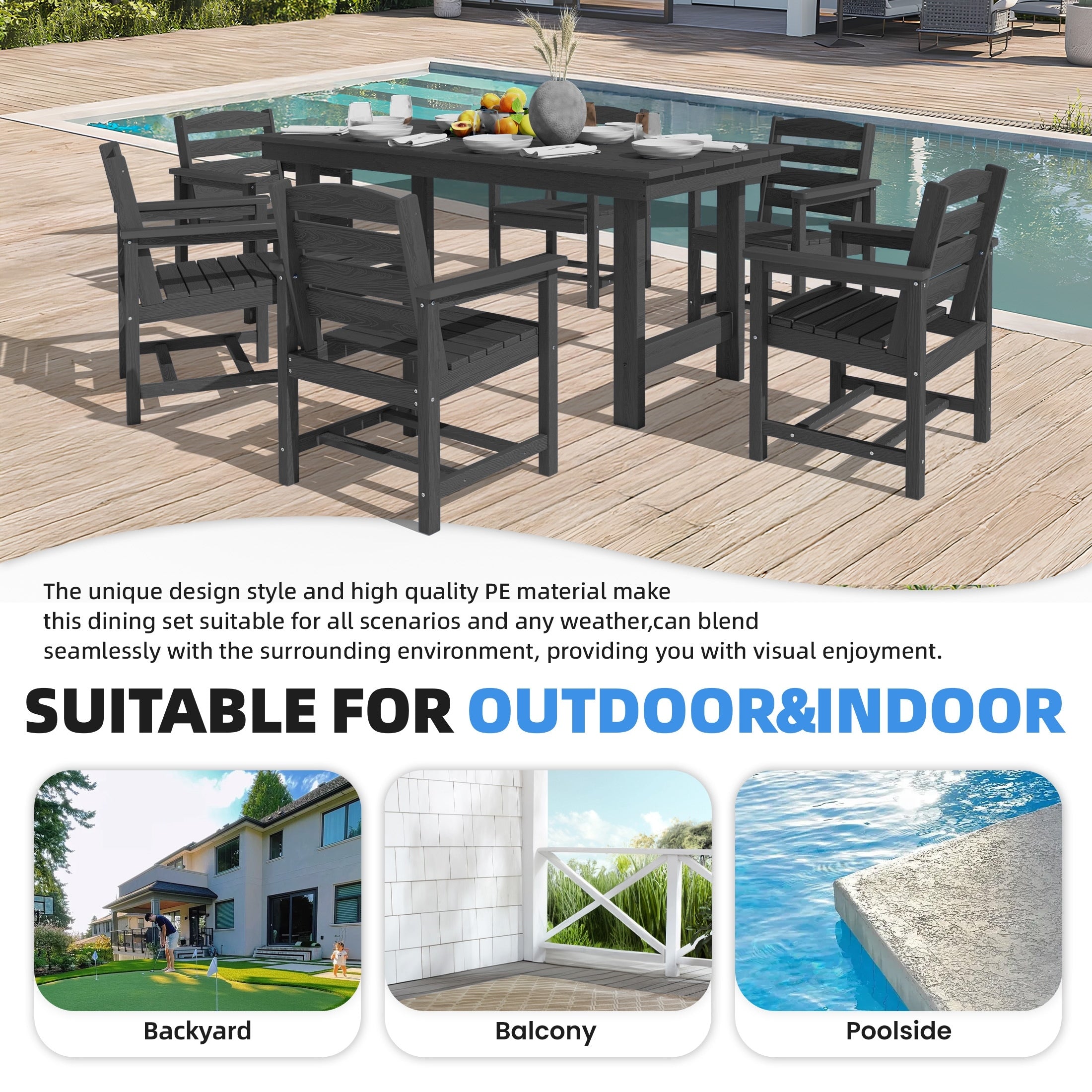 Ensemble de table à manger d'extérieur 7 pièces en PEHD avec trou pour parasol - 1 table, 6 chaises