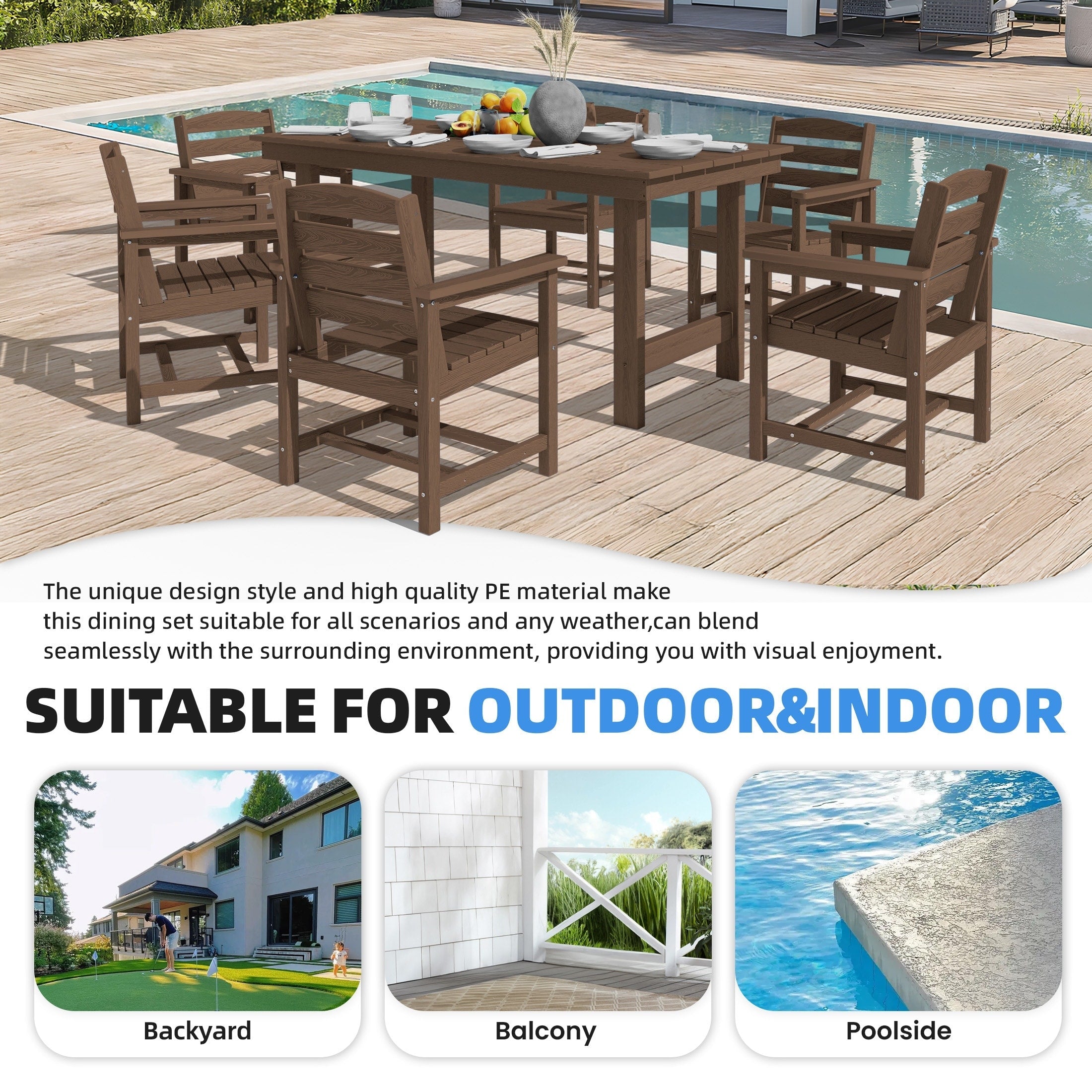 Ensemble de table à manger d'extérieur 7 pièces en PEHD avec trou pour parasol - 1 table, 6 chaises