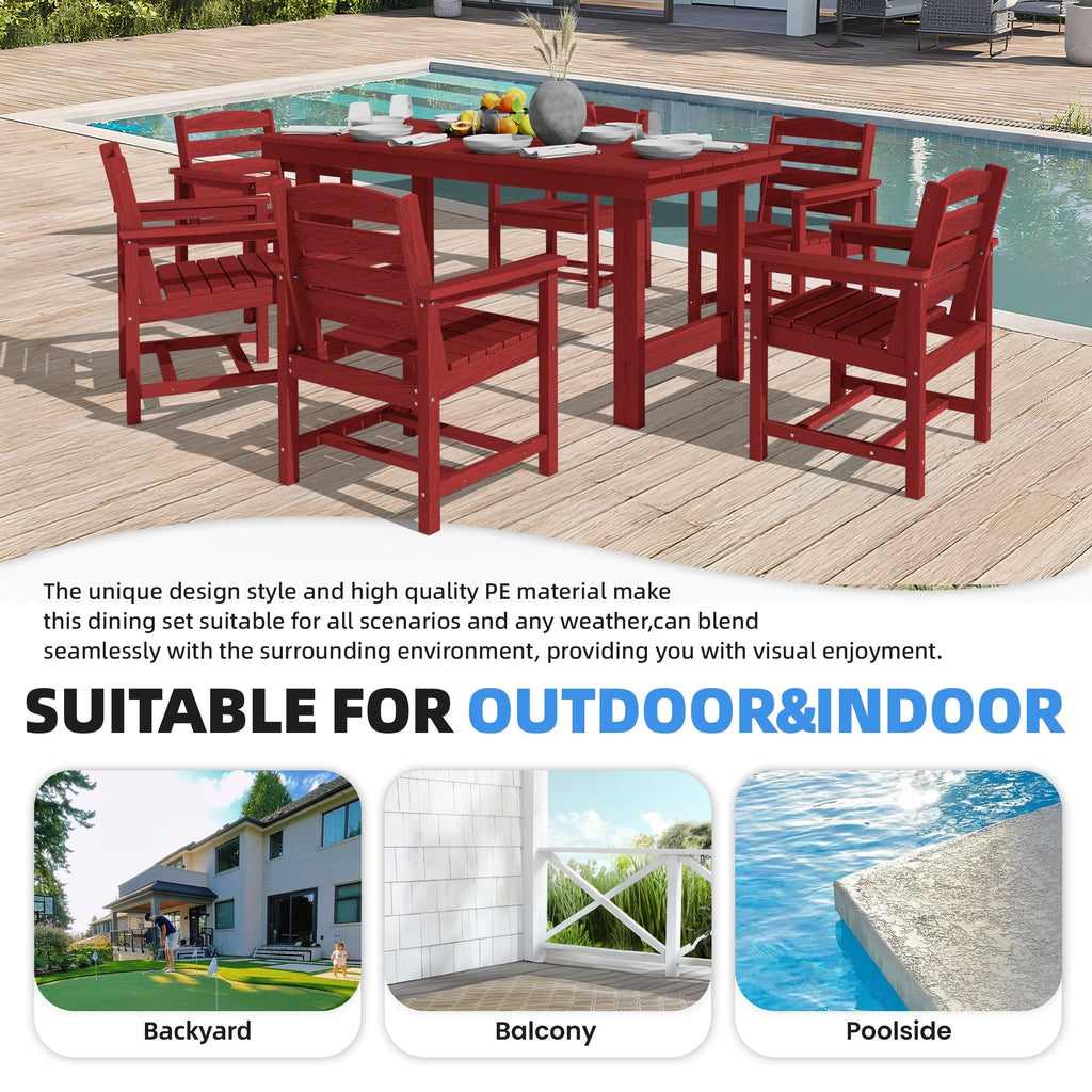 Ensemble de table à manger d'extérieur 7 pièces en PEHD avec trou pour parasol - 1 table, 6 chaises