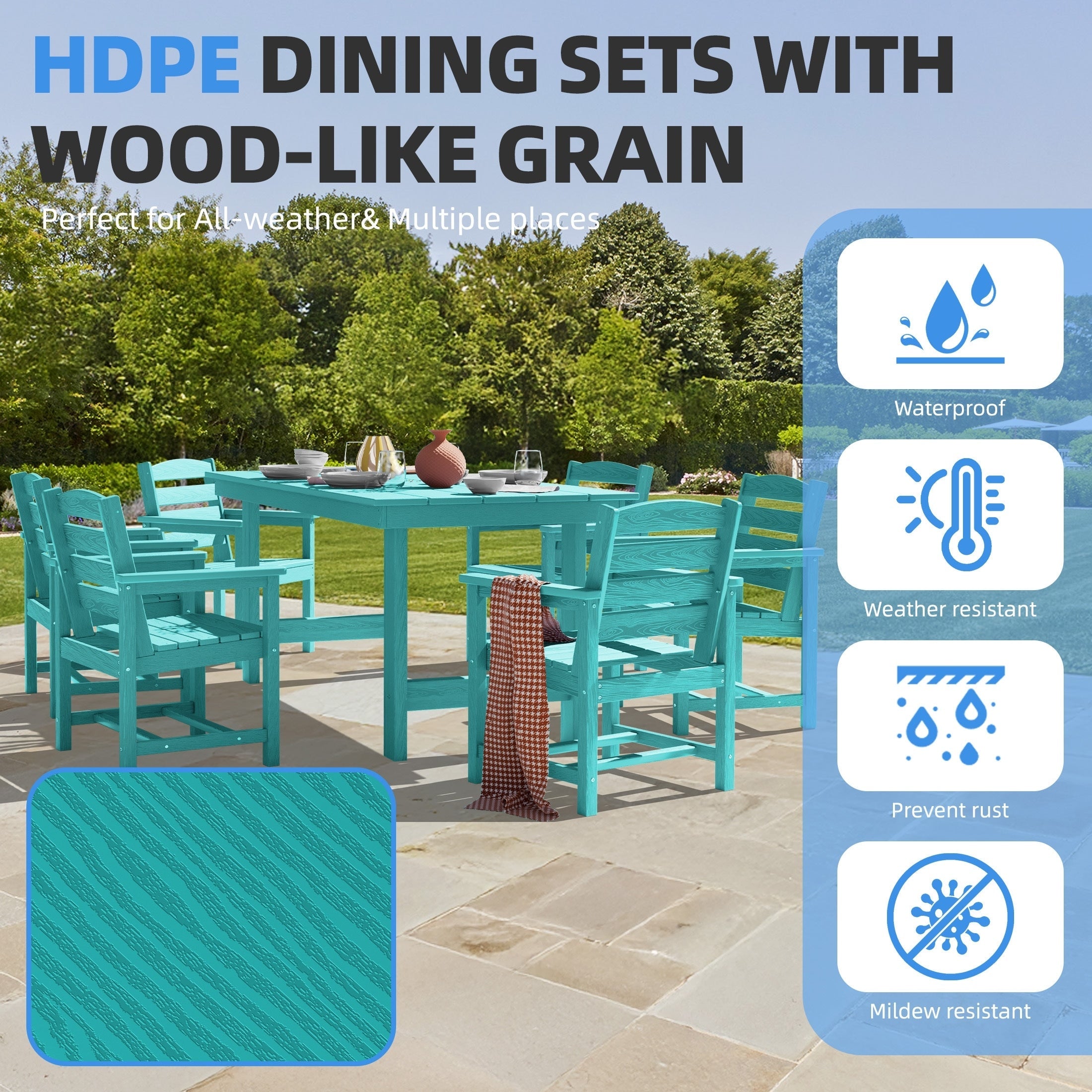 Ensemble de table à manger d'extérieur 7 pièces en PEHD avec trou pour parasol - 1 table, 6 chaises