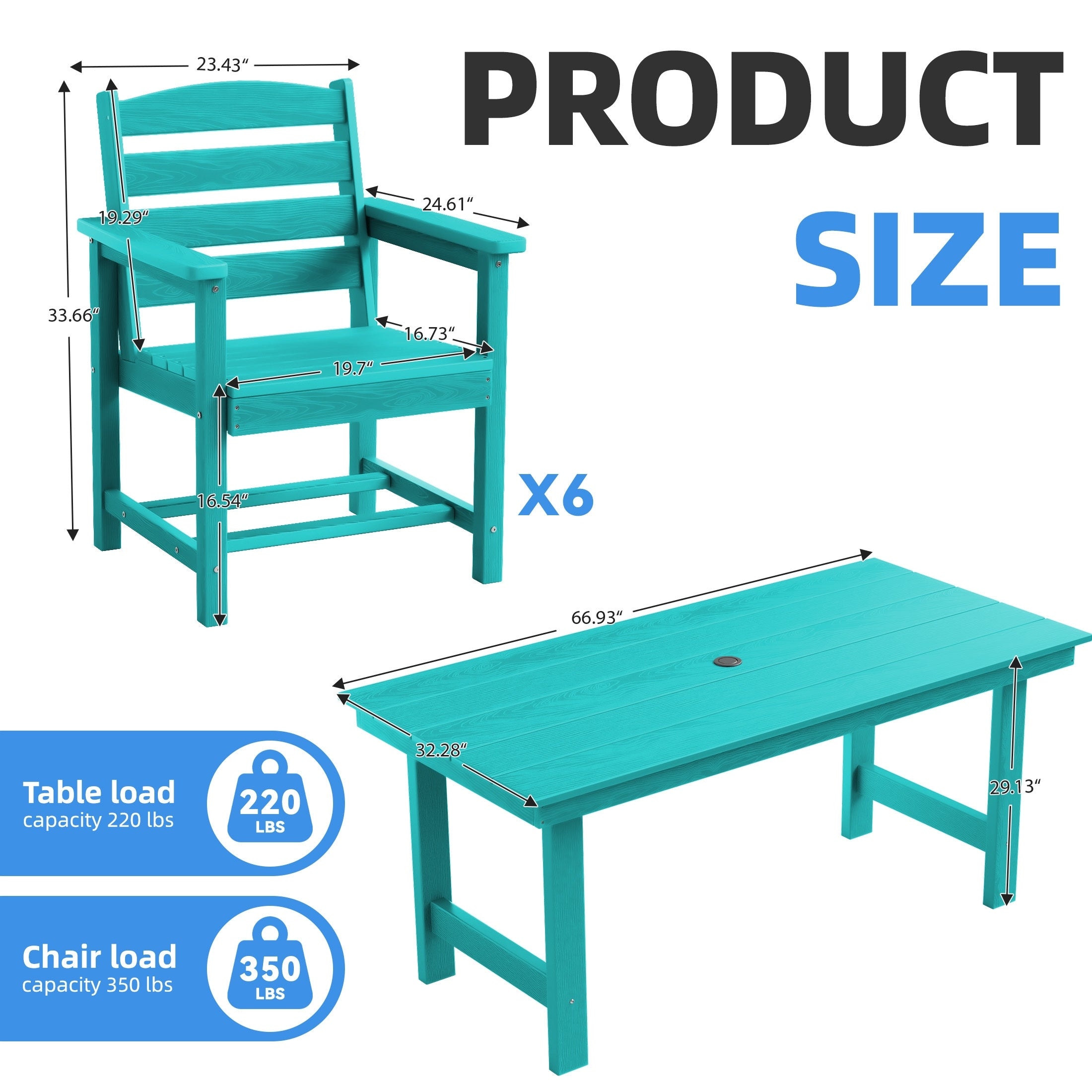 Ensemble de table à manger d'extérieur 7 pièces en PEHD avec trou pour parasol - 1 table, 6 chaises