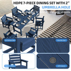 Ensemble de table à manger d'extérieur 7 pièces en PEHD avec trou pour parasol - 1 table, 6 chaises