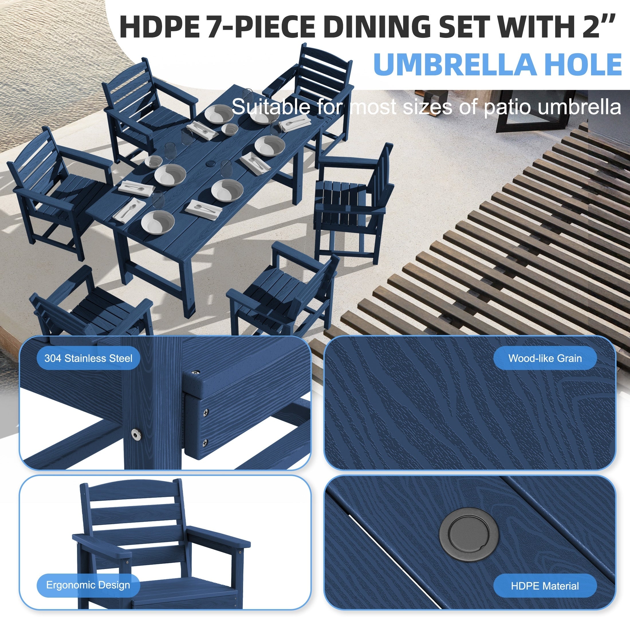 Ensemble de table à manger d'extérieur 7 pièces en PEHD avec trou pour parasol - 1 table, 6 chaises