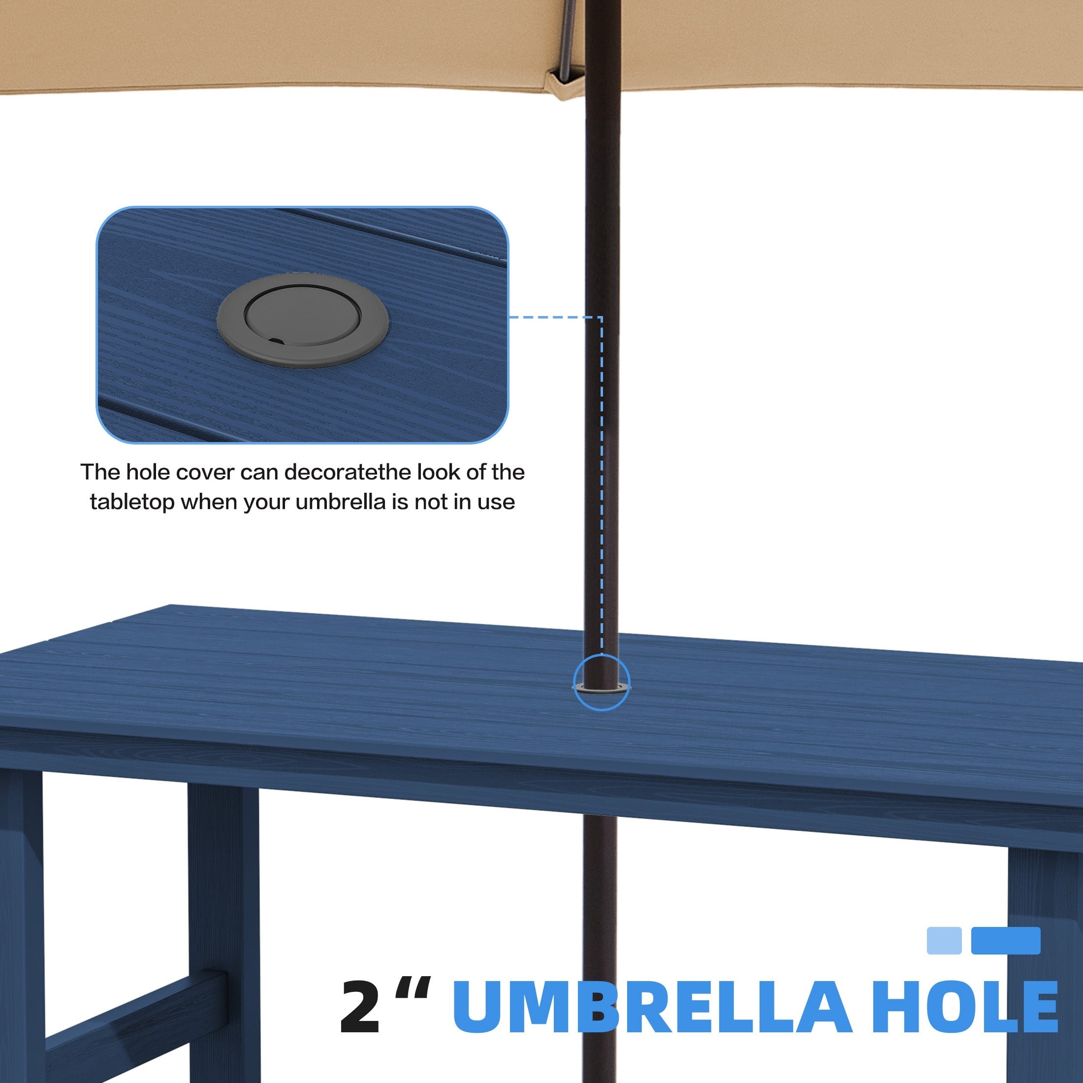 Ensemble de table à manger d'extérieur 7 pièces en PEHD avec trou pour parasol - 1 table, 6 chaises