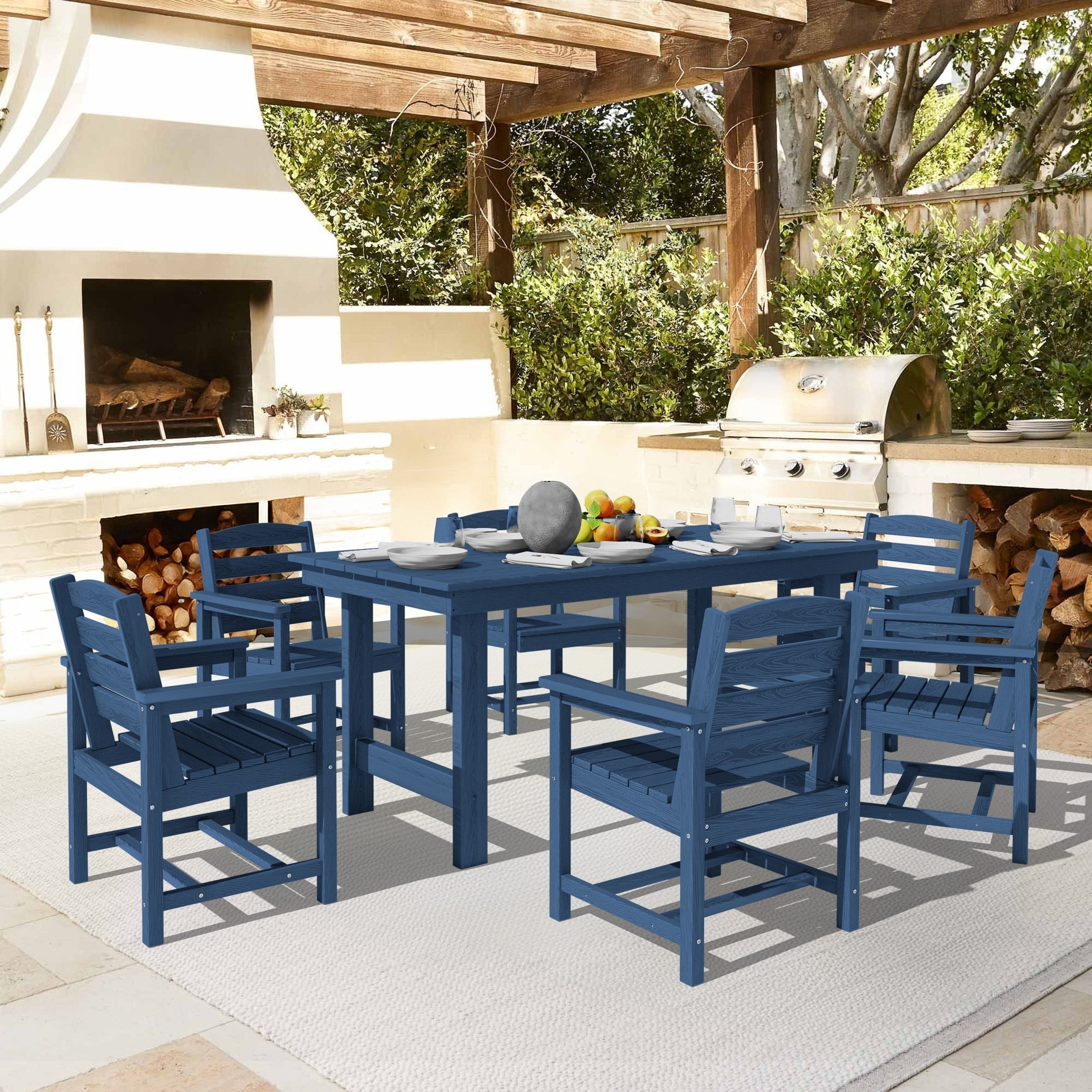 Ensemble de table à manger d'extérieur 7 pièces en PEHD avec trou pour parasol - 1 table, 6 chaises