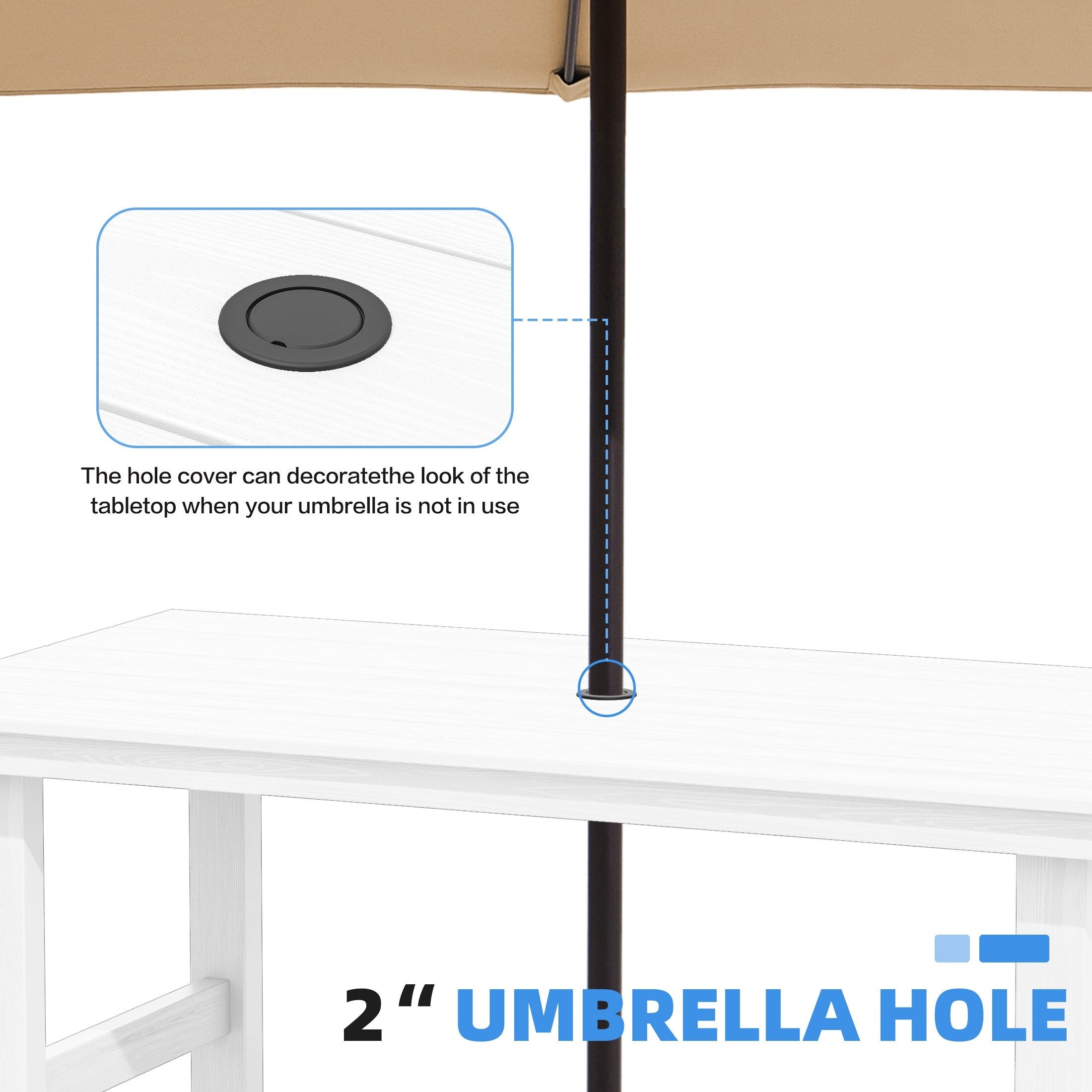 Ensemble de table à manger d'extérieur 7 pièces en PEHD avec trou pour parasol - 1 table, 6 chaises