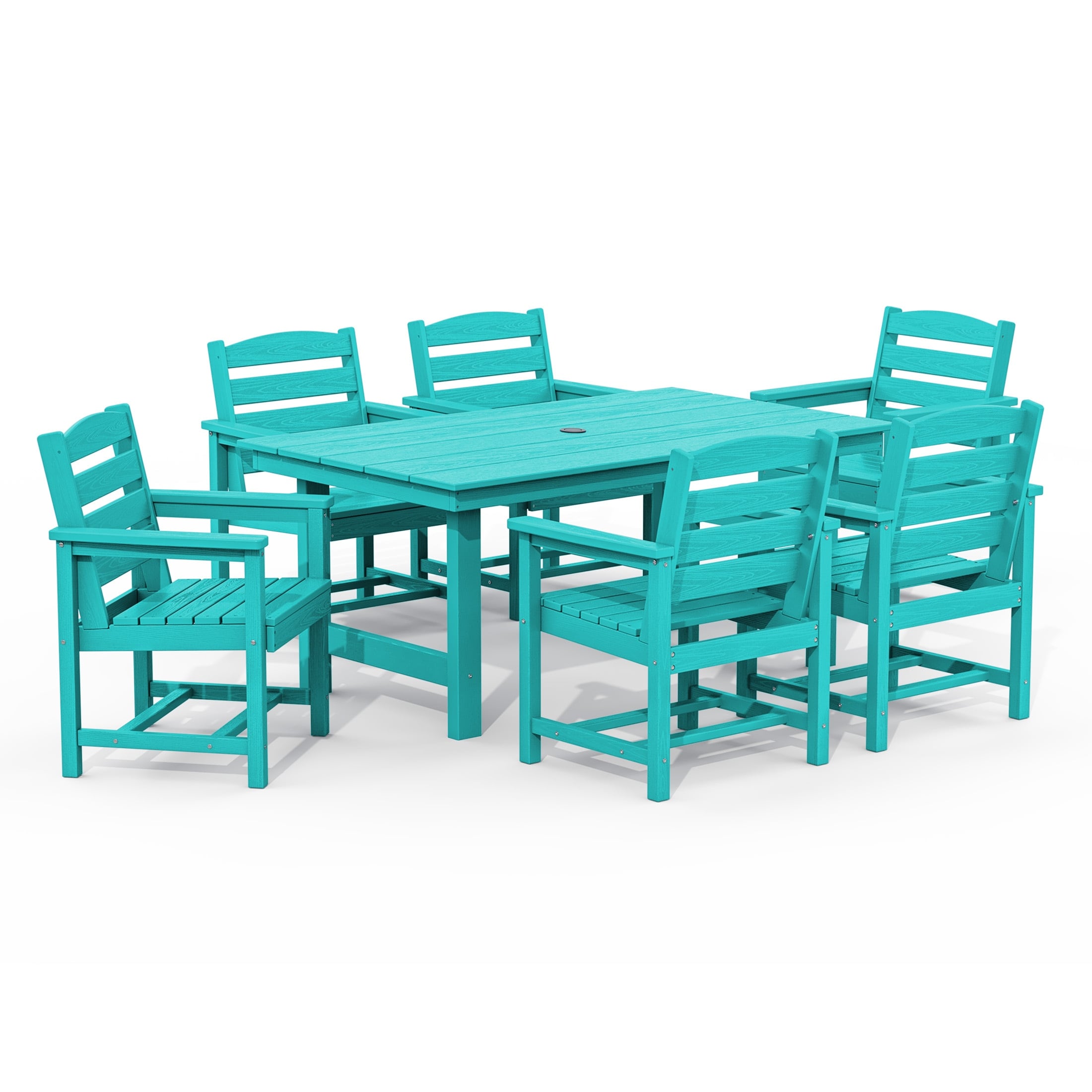 Ensemble de table à manger d'extérieur 7 pièces en PEHD avec trou pour parasol - 1 table, 6 chaises