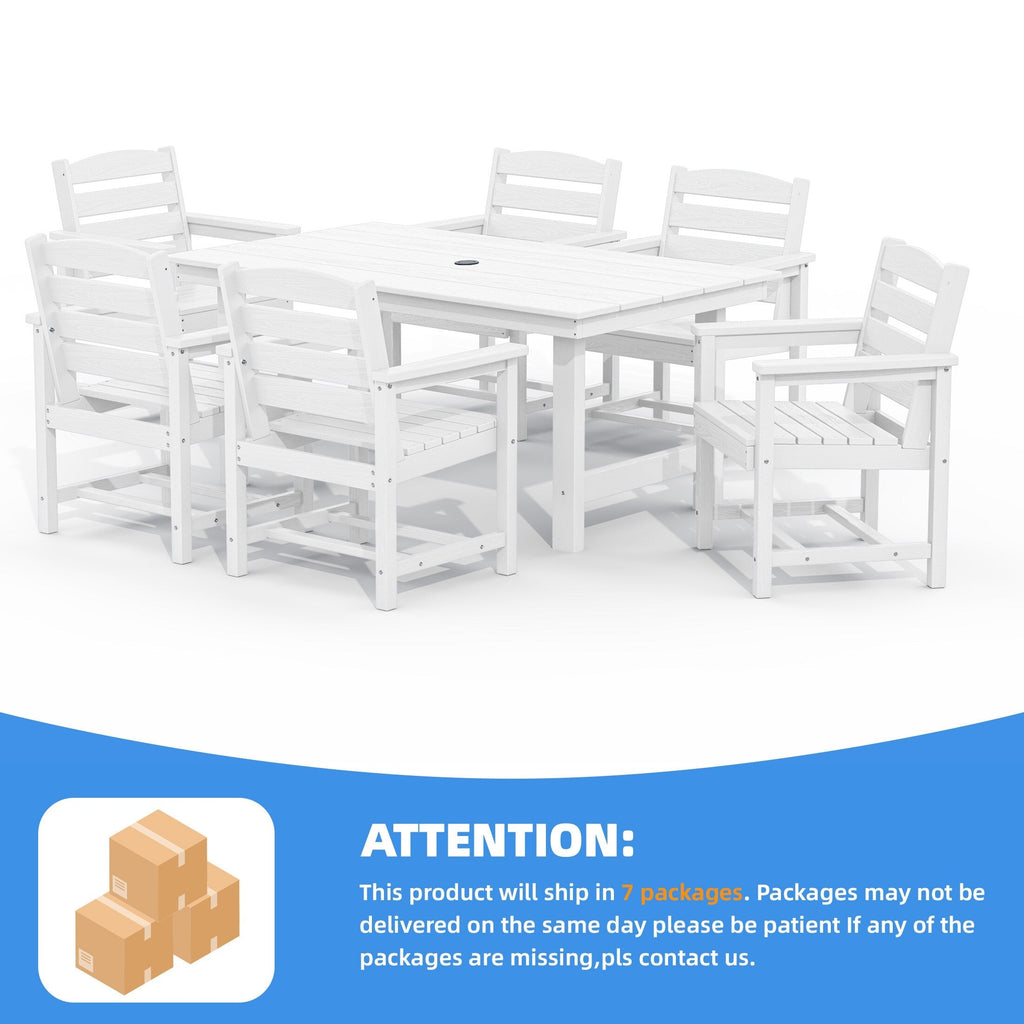 Ensemble de table à manger d'extérieur 7 pièces en PEHD avec trou pour parasol - 1 table, 6 chaises