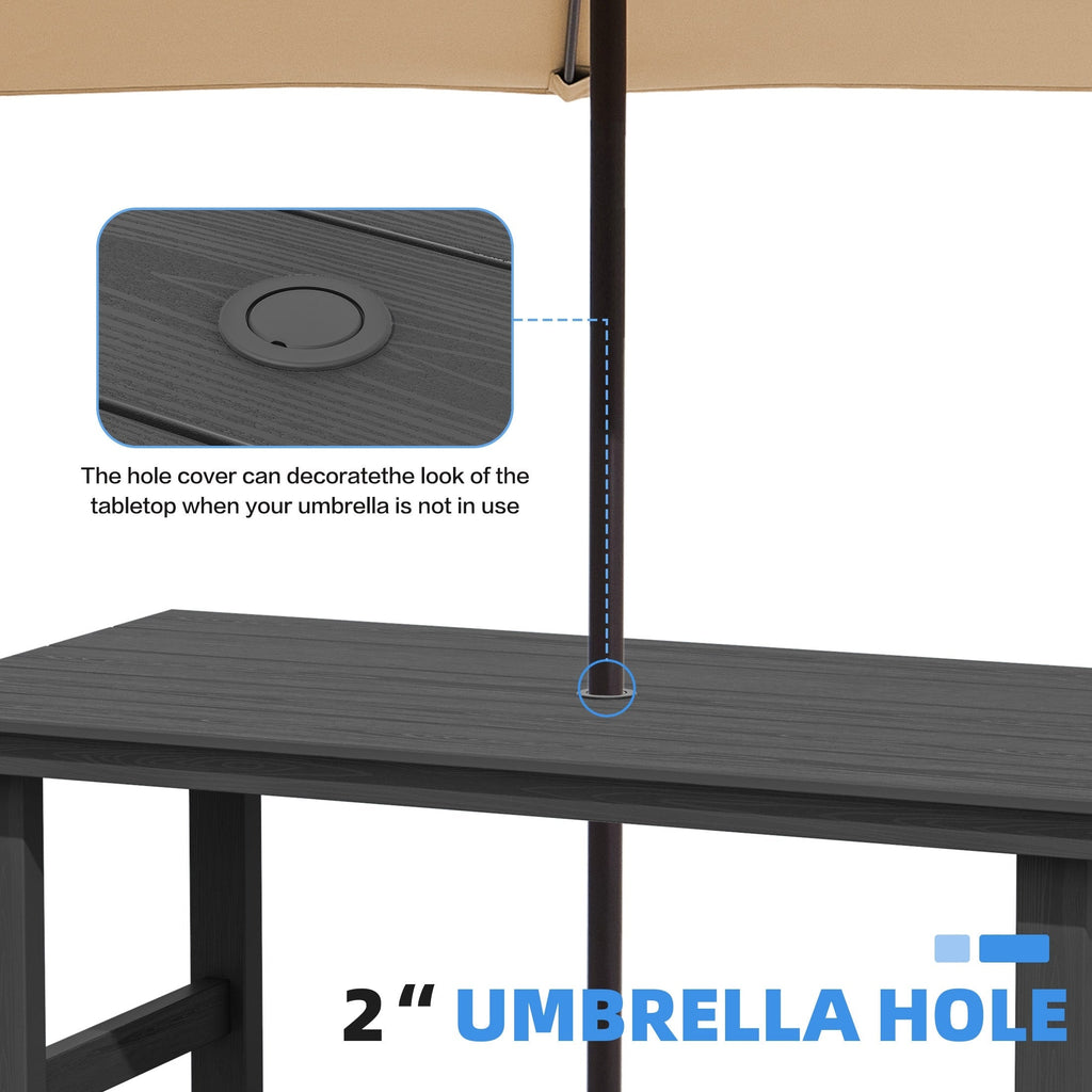 Ensemble de table à manger d'extérieur 7 pièces en PEHD avec trou pour parasol - 1 table, 6 chaises