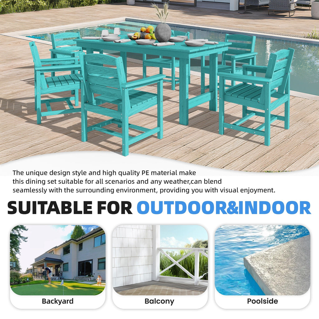 Ensemble de table à manger d'extérieur 7 pièces en PEHD avec trou pour parasol - 1 table, 6 chaises