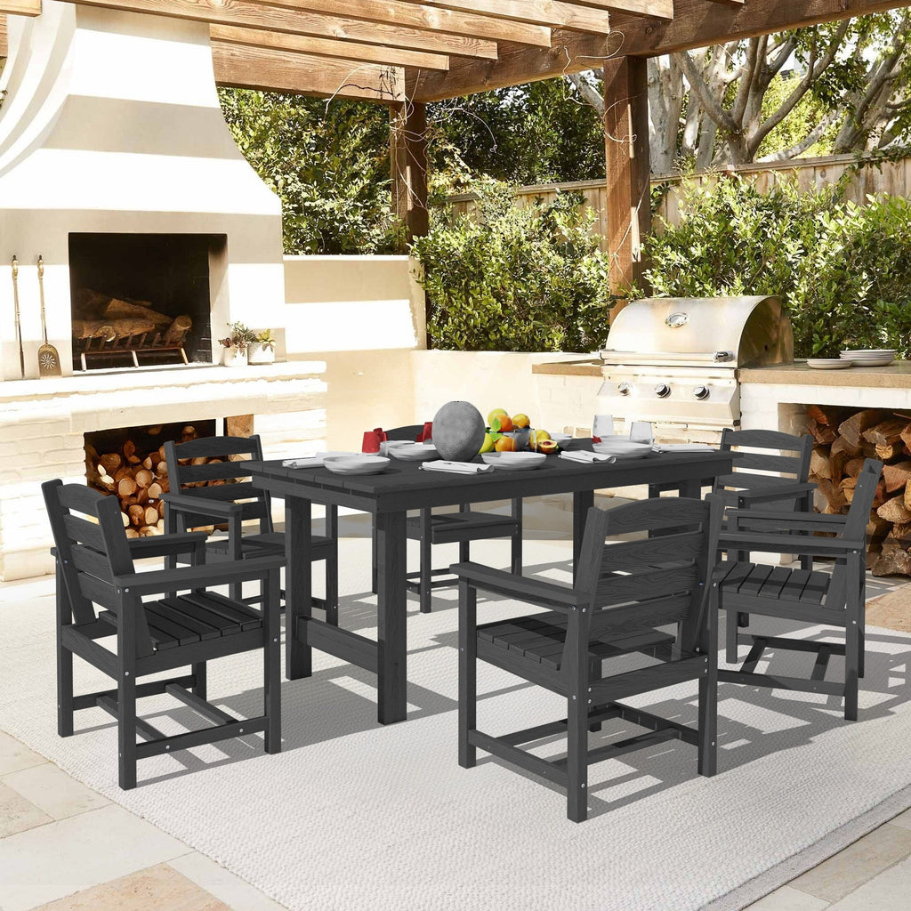 Ensemble de table à manger d'extérieur 7 pièces en PEHD avec trou pour parasol - 1 table, 6 chaises