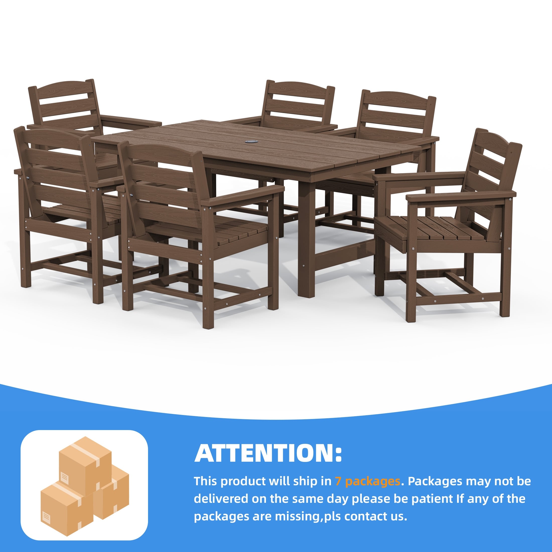 Ensemble de table à manger d'extérieur 7 pièces en PEHD avec trou pour parasol - 1 table, 6 chaises