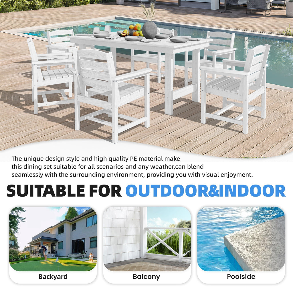 Ensemble de table à manger d'extérieur 7 pièces en PEHD avec trou pour parasol - 1 table, 6 chaises