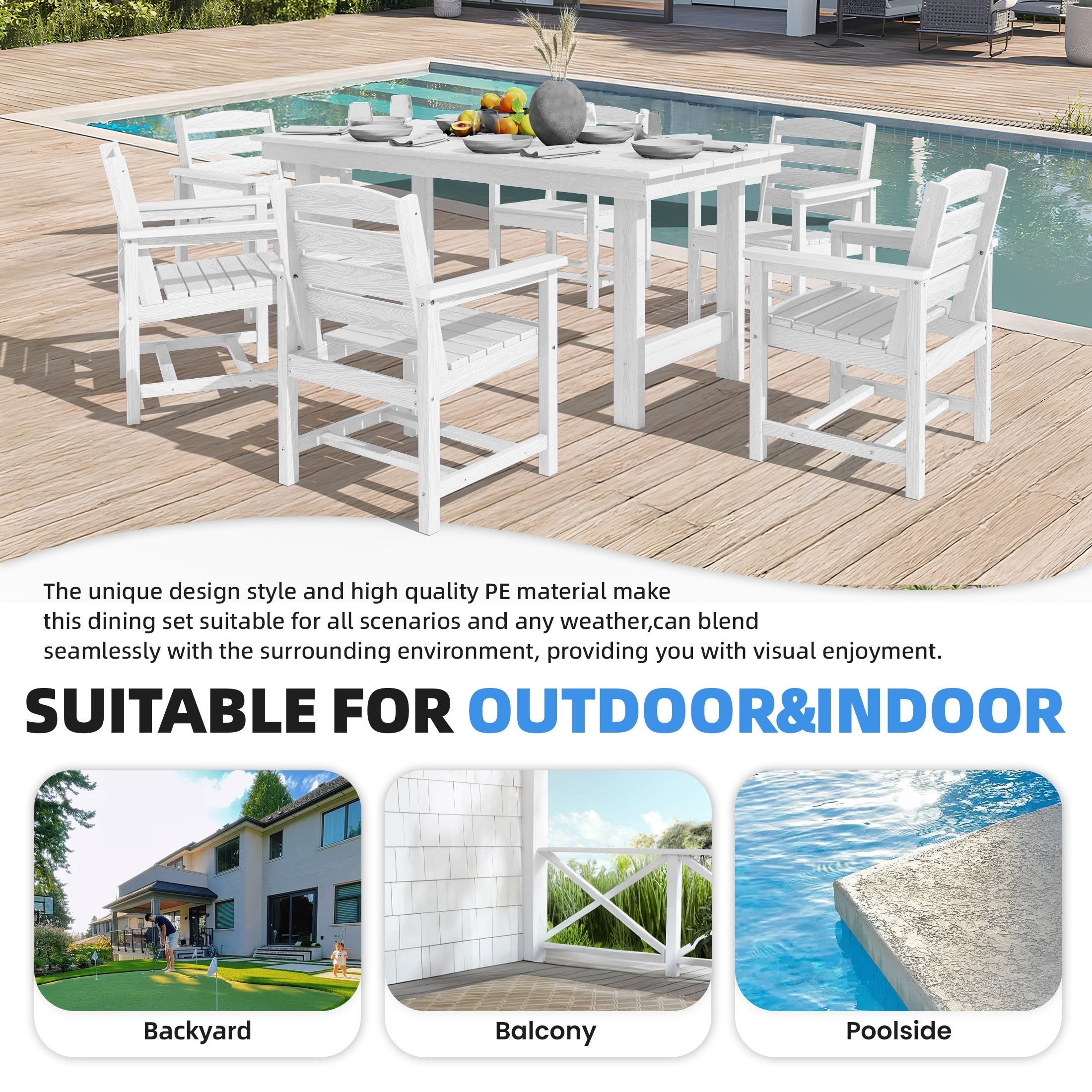 Ensemble de table à manger d'extérieur 7 pièces en PEHD avec trou pour parasol - 1 table, 6 chaises