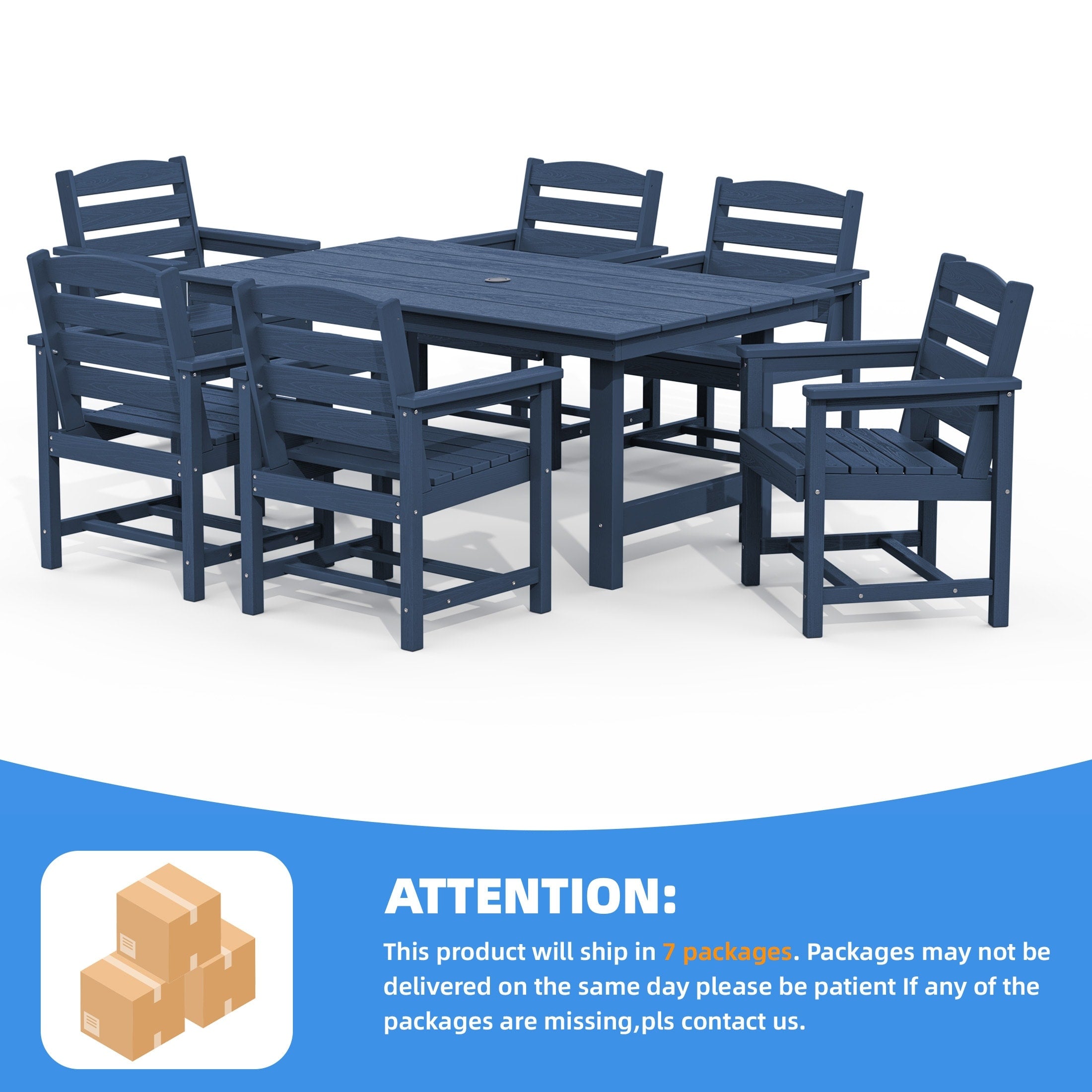 Ensemble de table à manger d'extérieur 7 pièces en PEHD avec trou pour parasol - 1 table, 6 chaises