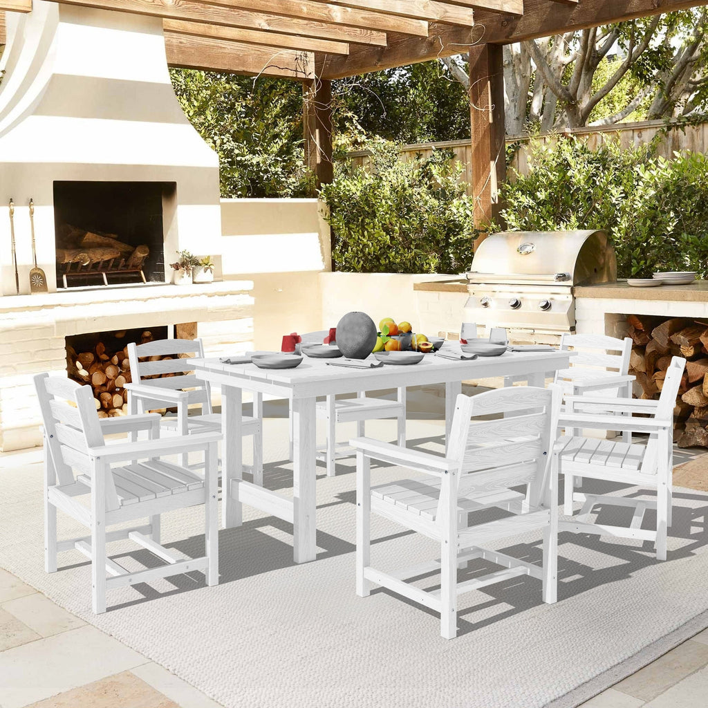 Ensemble de table à manger d'extérieur 7 pièces en PEHD avec trou pour parasol - 1 table, 6 chaises