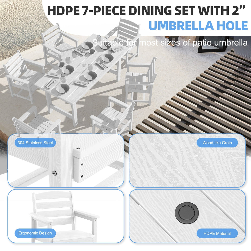 Ensemble de table à manger d'extérieur 7 pièces en PEHD avec trou pour parasol - 1 table, 6 chaises