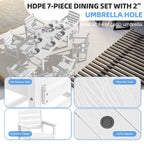 Ensemble de table à manger d'extérieur 7 pièces en PEHD avec trou pour parasol - 1 table, 6 chaises