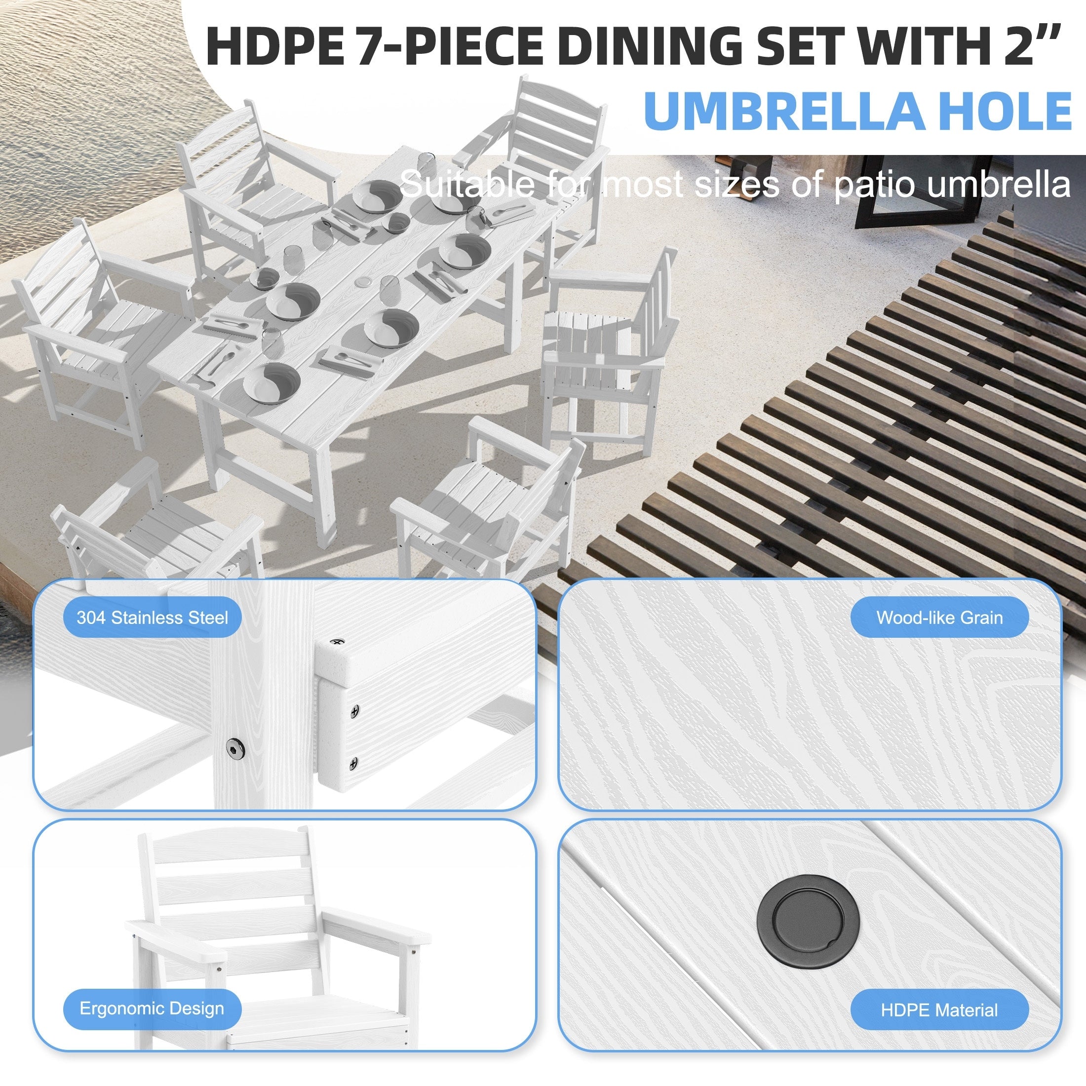 Ensemble de table à manger d'extérieur 7 pièces en PEHD avec trou pour parasol - 1 table, 6 chaises