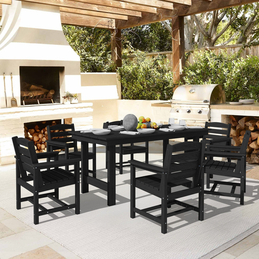 Ensemble de table à manger d'extérieur 7 pièces en PEHD avec trou pour parasol - 1 table, 6 chaises