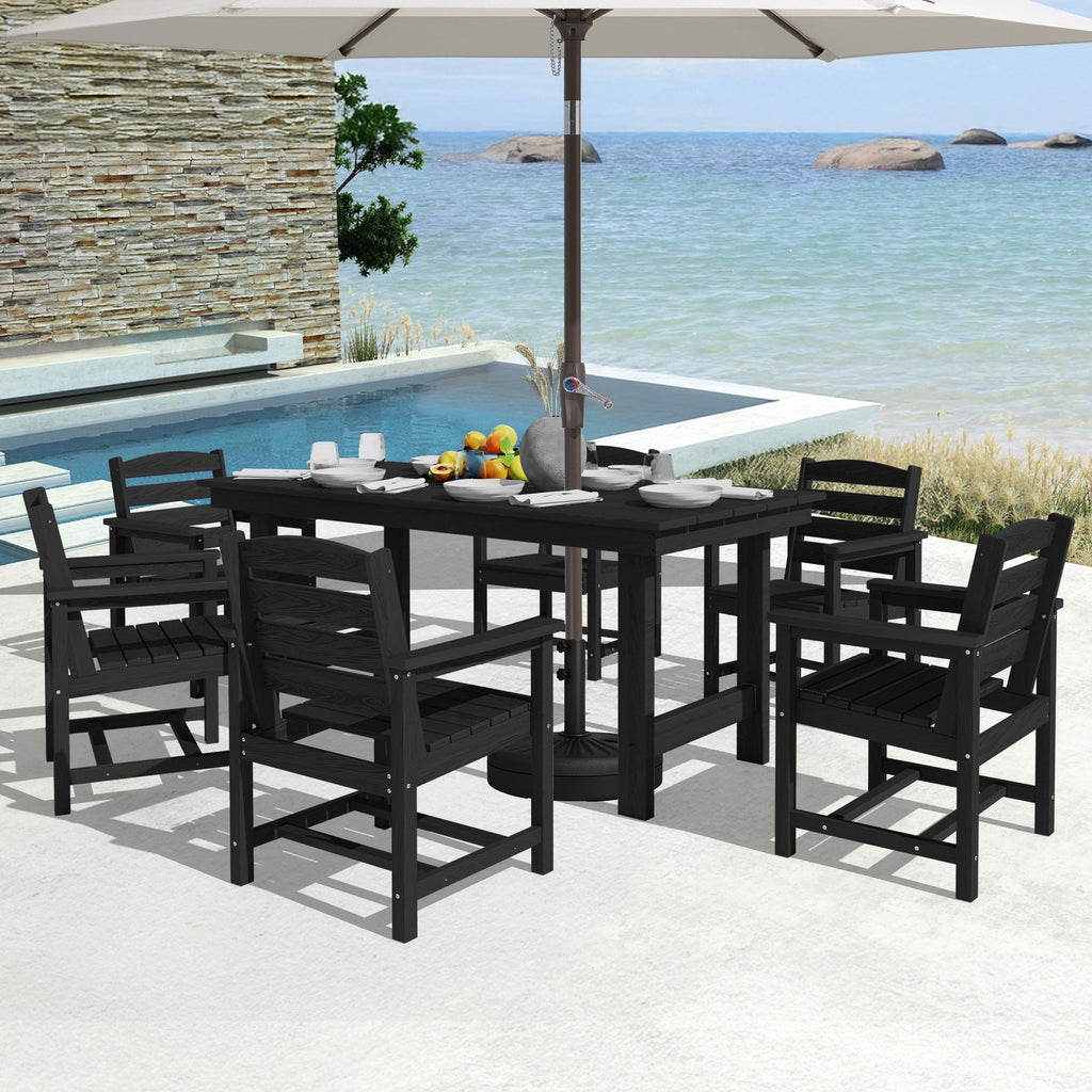 Ensemble de table à manger d'extérieur 7 pièces en PEHD avec trou pour parasol - 1 table, 6 chaises