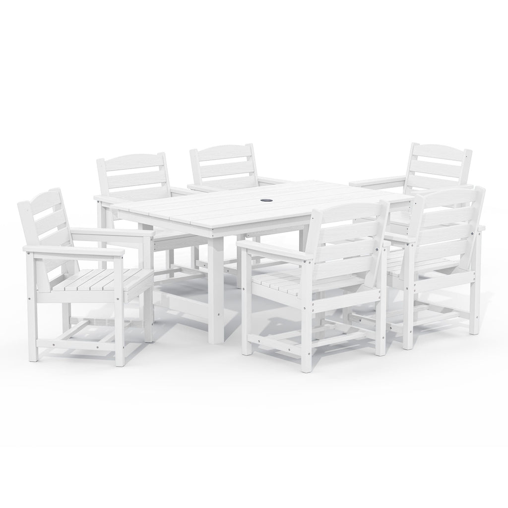Ensemble de table à manger d'extérieur 7 pièces en PEHD avec trou pour parasol - 1 table, 6 chaises