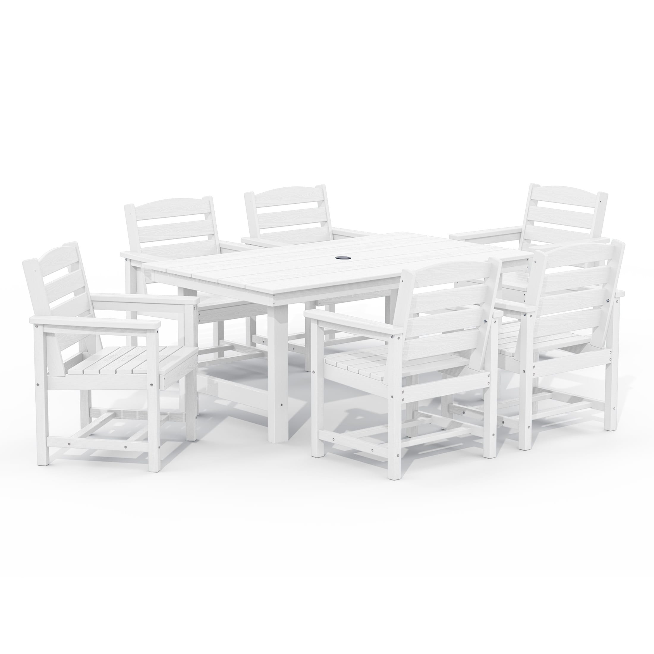 Ensemble de table à manger d'extérieur 7 pièces en PEHD avec trou pour parasol - 1 table, 6 chaises