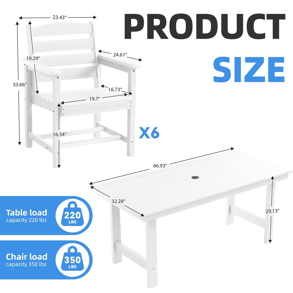 Ensemble de table à manger d'extérieur 7 pièces en PEHD avec trou pour parasol - 1 table, 6 chaises