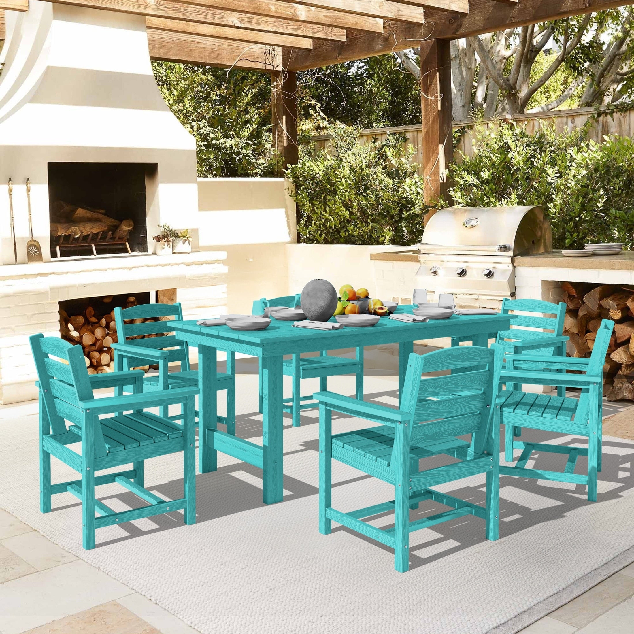 Ensemble de table à manger d'extérieur 7 pièces en PEHD avec trou pour parasol - 1 table, 6 chaises