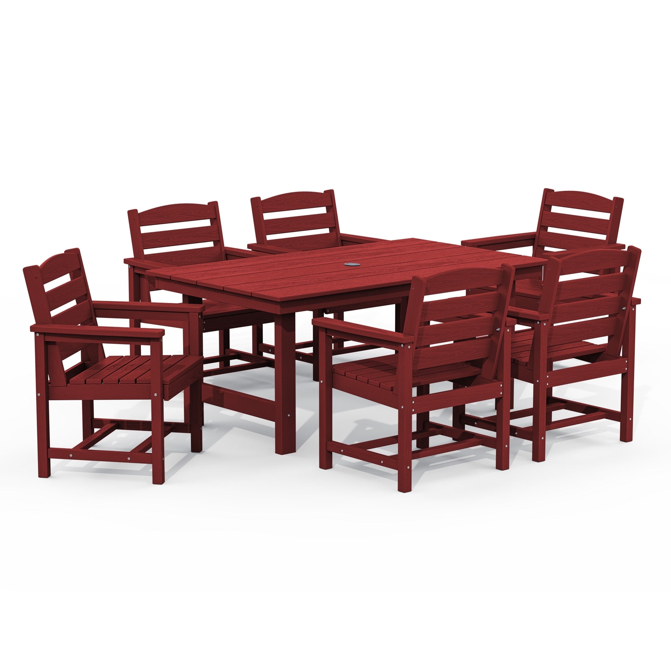 Ensemble de table à manger d'extérieur 7 pièces en PEHD avec trou pour parasol - 1 table, 6 chaises