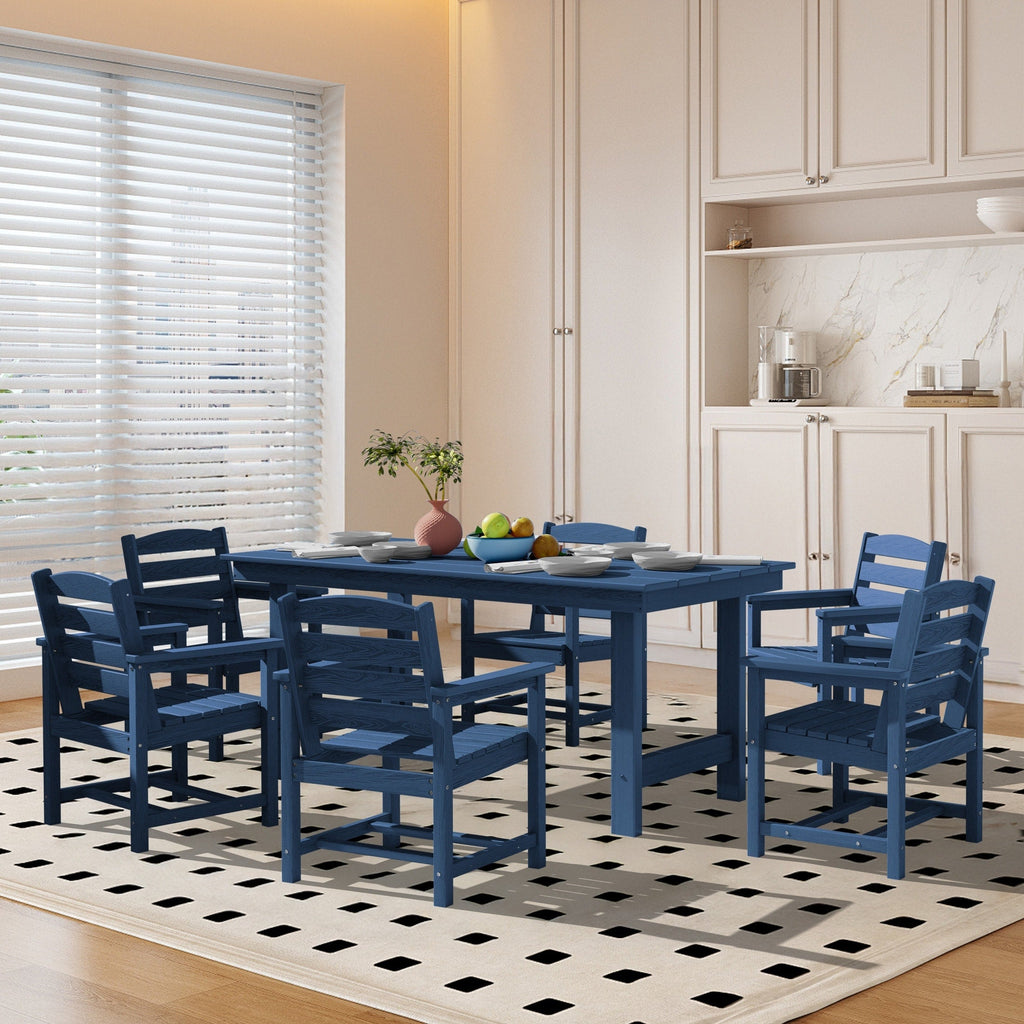 Ensemble de table à manger d'extérieur 7 pièces en PEHD avec trou pour parasol - 1 table, 6 chaises