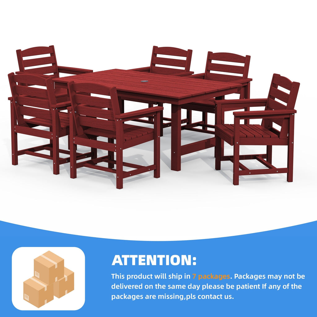 Ensemble de table à manger d'extérieur 7 pièces en PEHD avec trou pour parasol - 1 table, 6 chaises